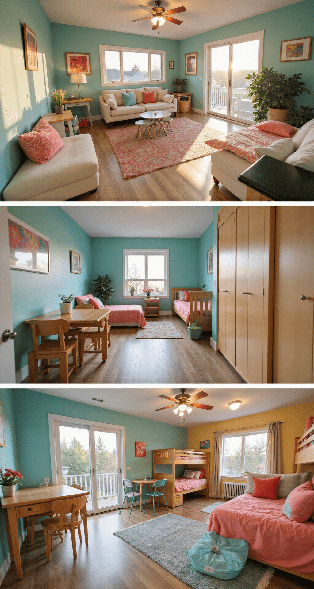 A cozy, family-friendly bungalow interior featuring a central living room with built-in storage and a window seat, a kitchen with a large island, a primary bedroom with a queen bed, and a kids' room with bunk beds, all designed in playful teal, coral, and sunny yellow hues, captured from a low angle to highlight its child-centered design in warm evening light.