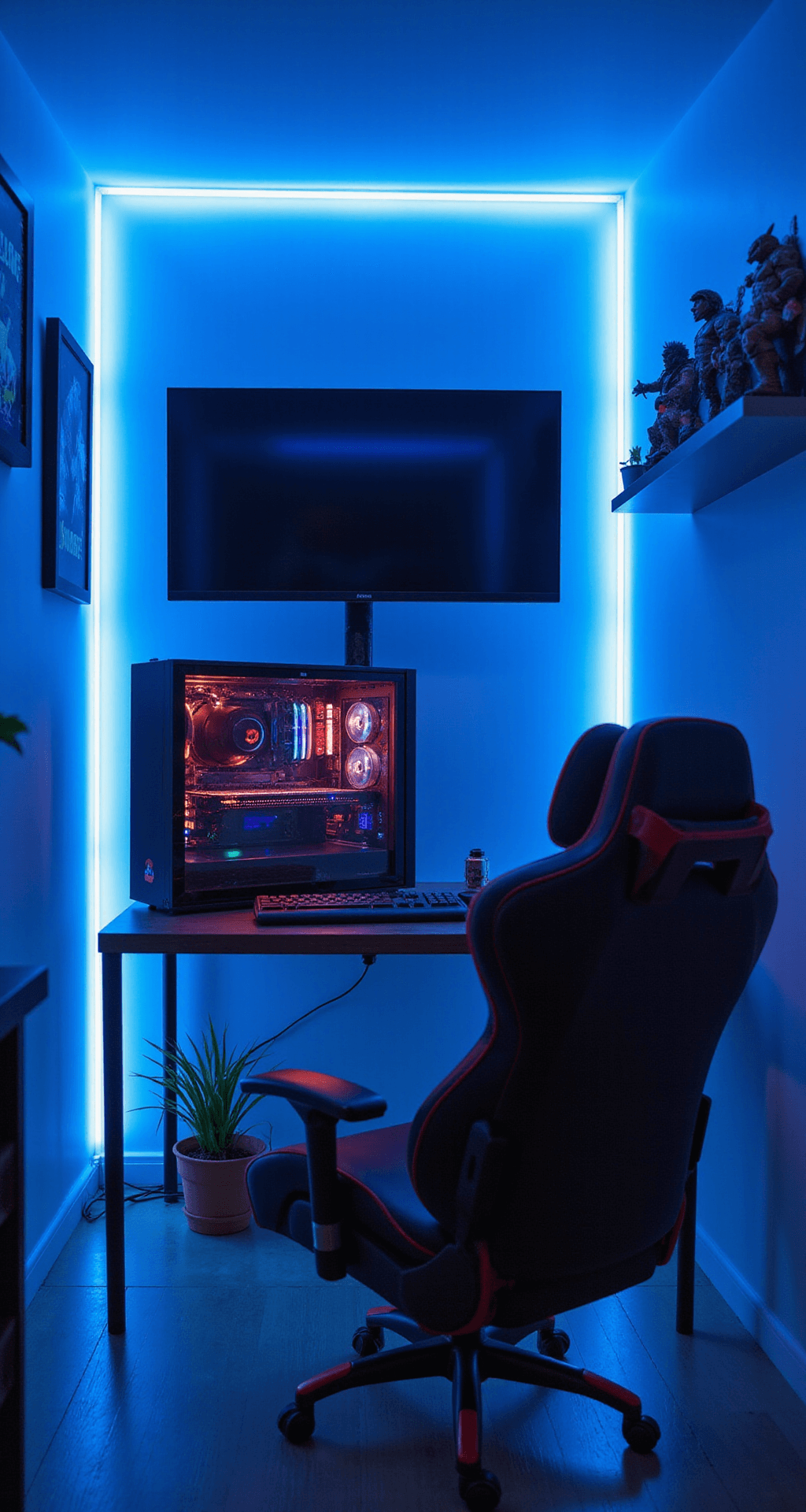 Level Up Your Living Room: The Ultimate Gaming Setup Guide A cozy 12x12ft gaming nook featuring a curved 50-inch monitor on an adjustable arm, illuminated by soft blue LED lights. A custom-built PC tower with RGB lighting sits below a floating desk, alongside a black and red high-back gaming chair. The walls display pixel art and collectible figurines, with a small indoor plant adding greenery, all captured from a low angle to emphasize a futuristic ambiance.