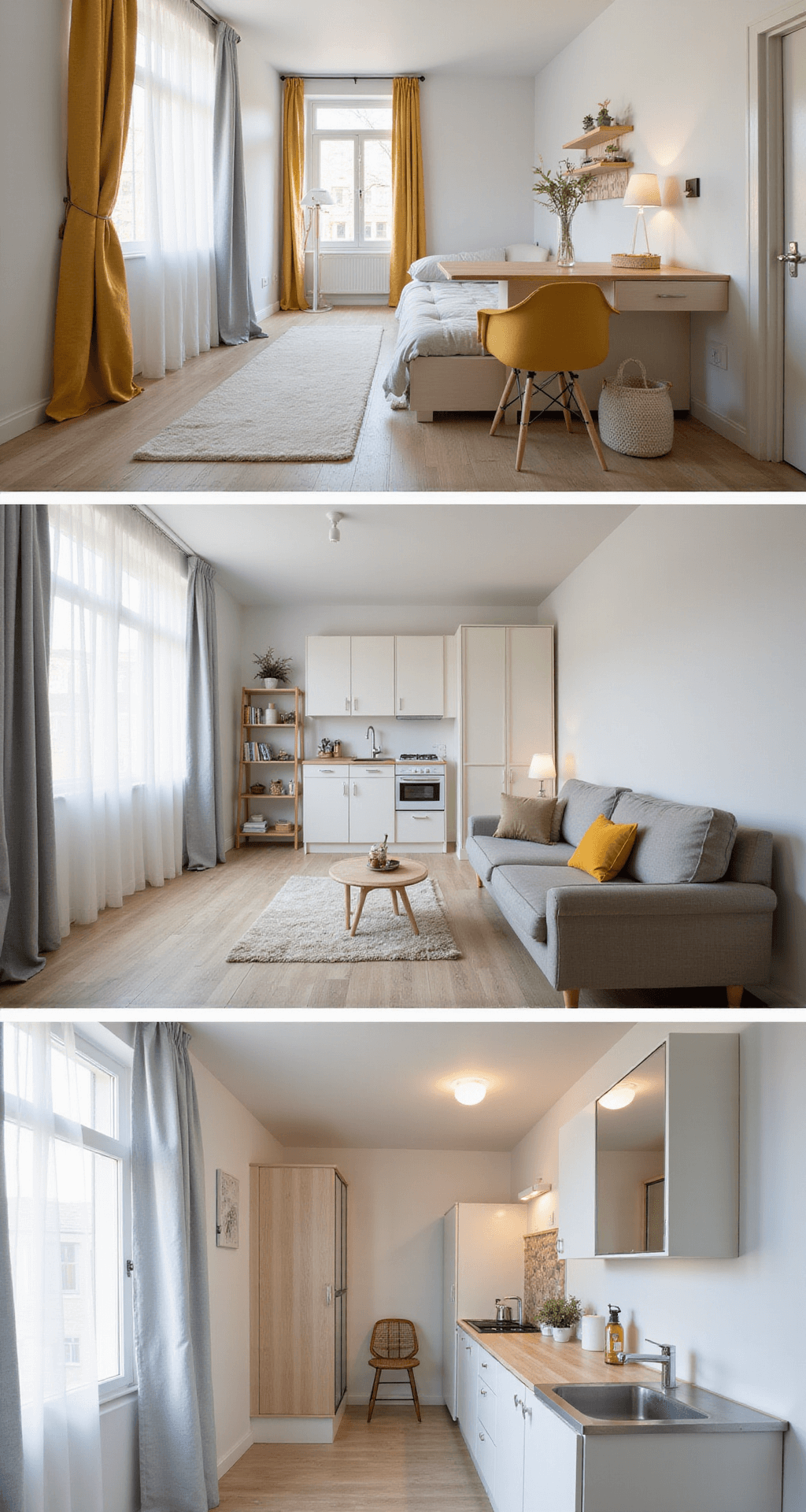 A compact Bloxburg micro-apartment featuring efficient galley kitchen, multi-functional living area with pull-out sofa bed, and space-saving bathroom with corner sink and shower, all in a Scandinavian-inspired design with light wood, white, gray, and mustard yellow accents.