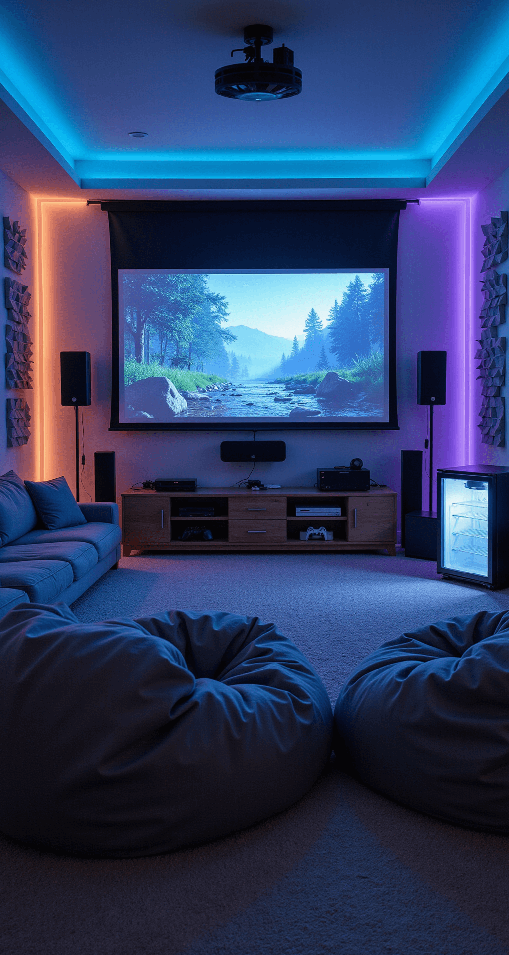 Level Up Your Living Room: The Ultimate Gaming Setup Guide A modern living space at dusk featuring smart RGB lighting, a large projector screen displaying a vibrant game scene, oversized bean bags and low-profile gray sofas, an entertainment unit with gaming consoles, geometric acoustic panels on the walls, and a mini-fridge with blue lighting, captured from an elevated angle.