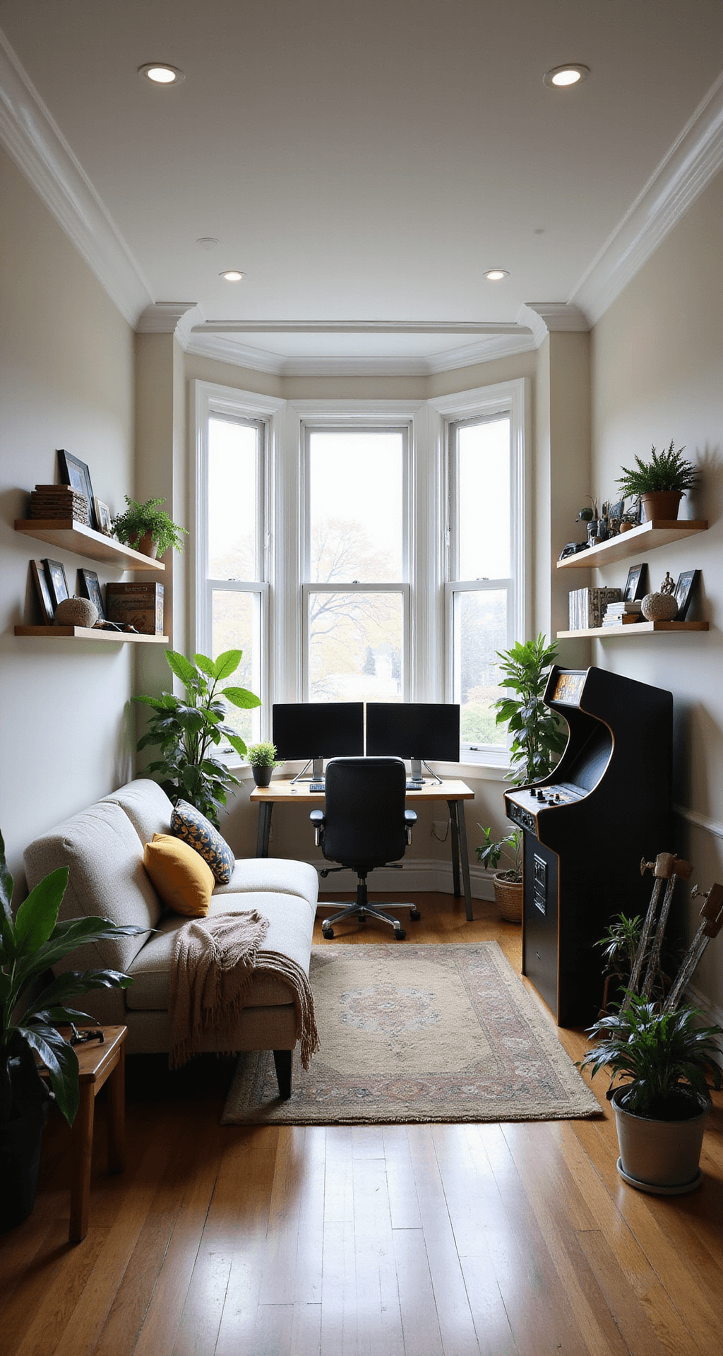 Level Up Your Living Room: The Ultimate Gaming Setup Guide A bright and airy open-plan living area featuring a custom-built gaming station with dual monitors, a vintage arcade cabinet, and a mix of modern and retro decor, all illuminated by natural light from a large bay window.