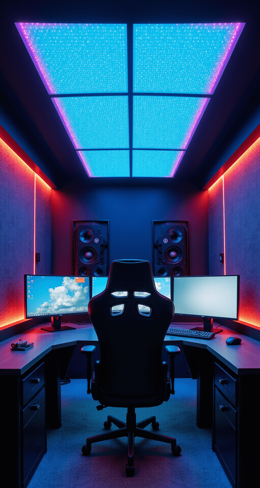 Eye-level view of a 14x16ft premium gaming sanctuary at night, featuring a wraparound gaming desk with integrated cable management, a high-end gaming chair, sound-dampening panels, and programmable RGB lighting in metallic blacks and deep blues.