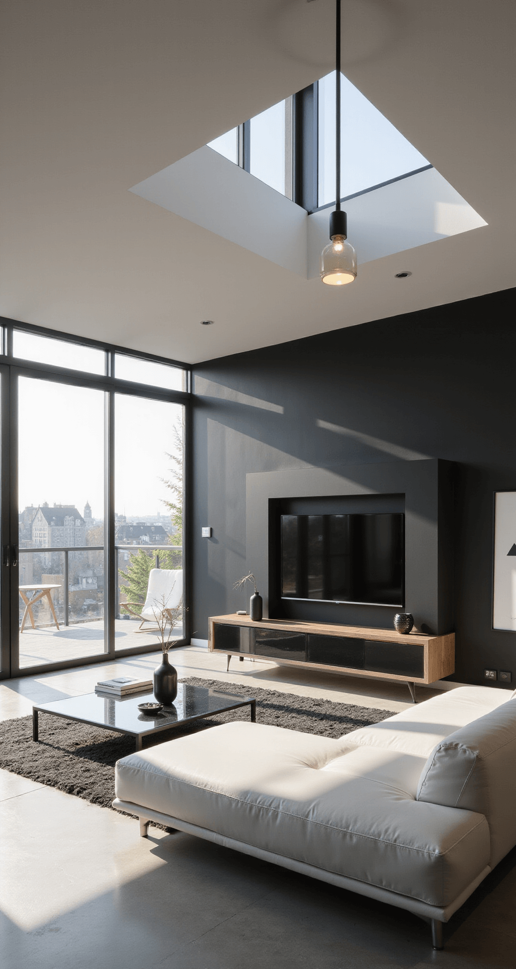 A modern minimalist living room featuring a white leather sectional and a matte black entertainment unit, with floor-to-ceiling windows allowing natural light and shadows on polished concrete floors, adorned with geometric monochrome art and a reflective glass coffee table.