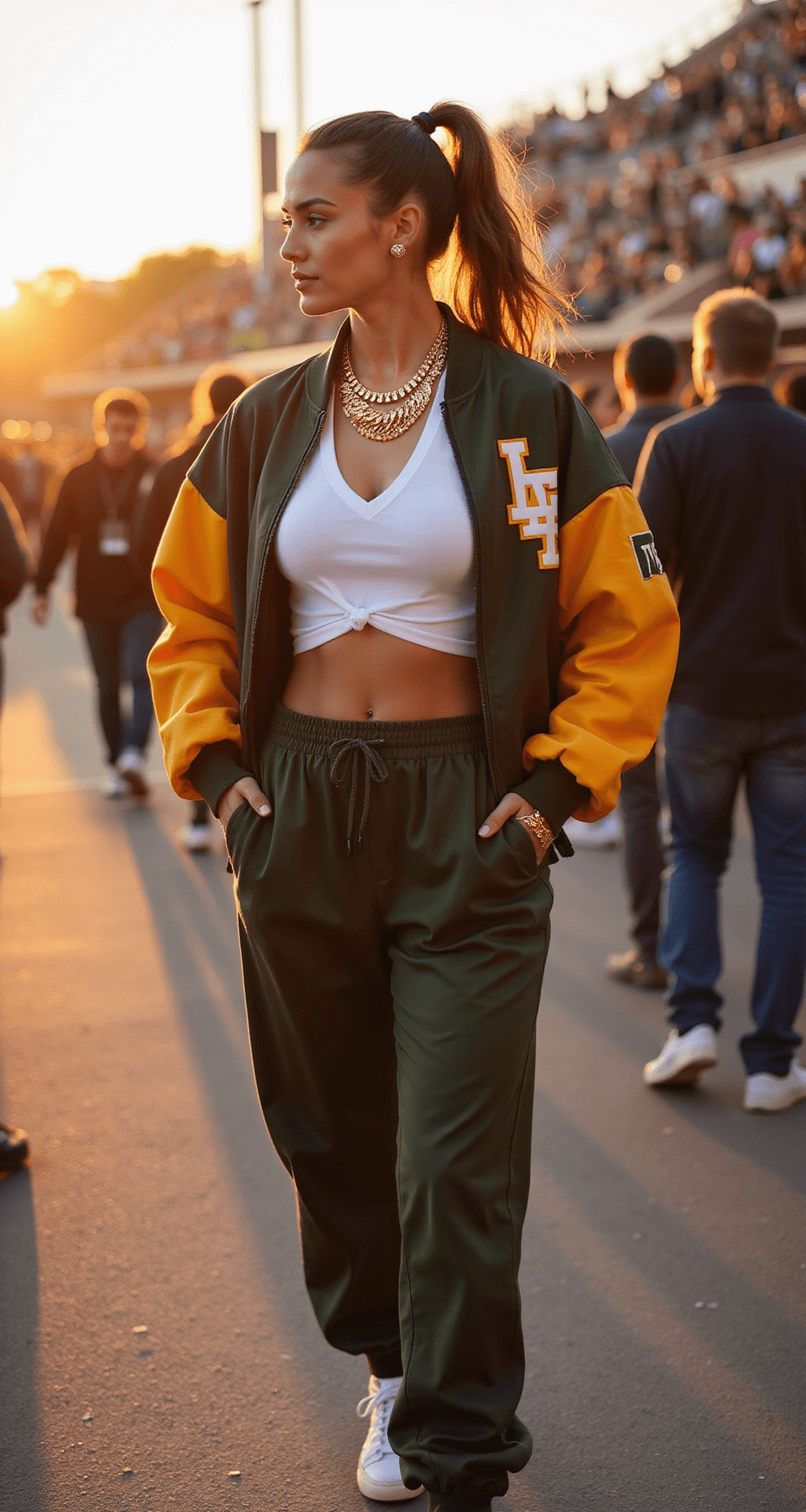 Game Day Glam: Stylish Football Game Outfits A woman walks candidly outside stadium gates during sunset, wearing high-waisted vintage-style team sweatpants, a cropped white thermal top, and an oversized bomber jacket in team colors, complemented by chunky gold jewelry and a sleek ponytail, with natural motion blur and warm golden hour lighting.