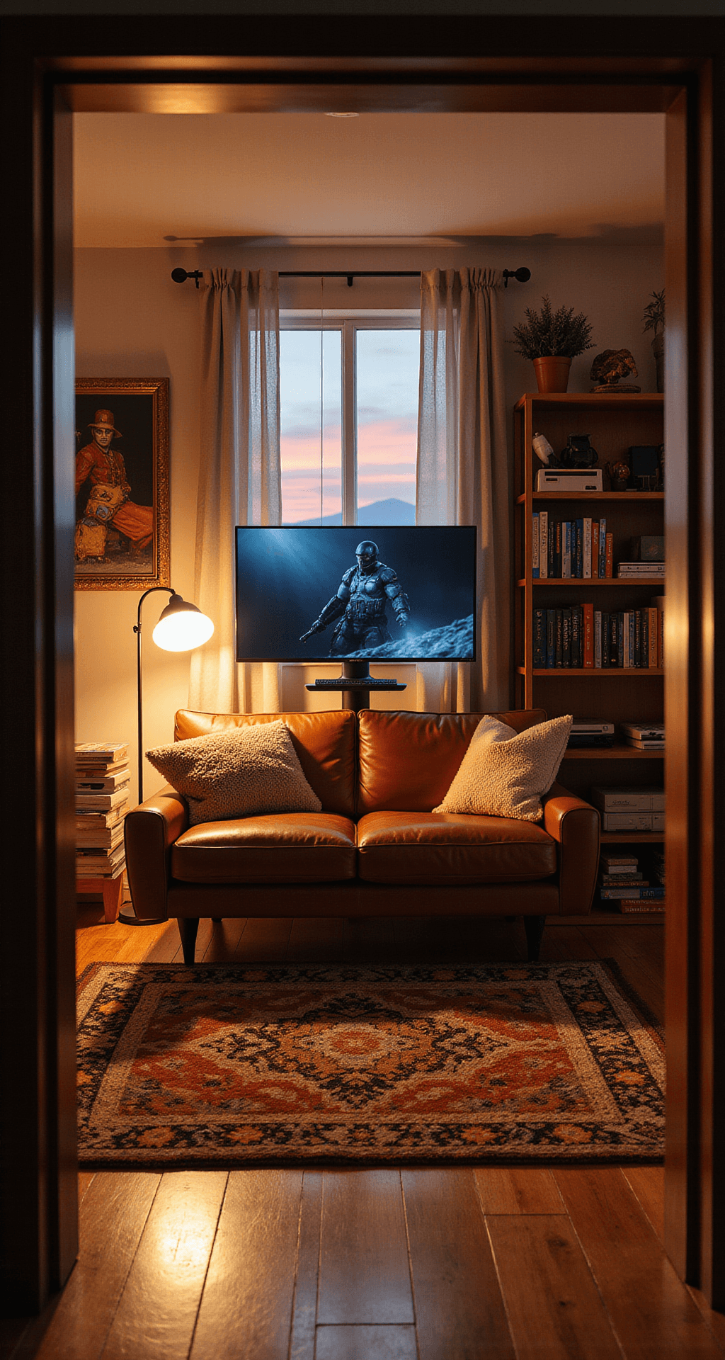 Level Up Your Living Room: The Ultimate Gaming Setup Guide A cozy den with warm sunset light filtering through sheer curtains, featuring a wall-mounted ultra-wide gaming monitor above a floating console, a brown leather sofa, industrial floor lamps, a floor-to-ceiling bookshelf, and a geometric patterned rug on hardwood floors.