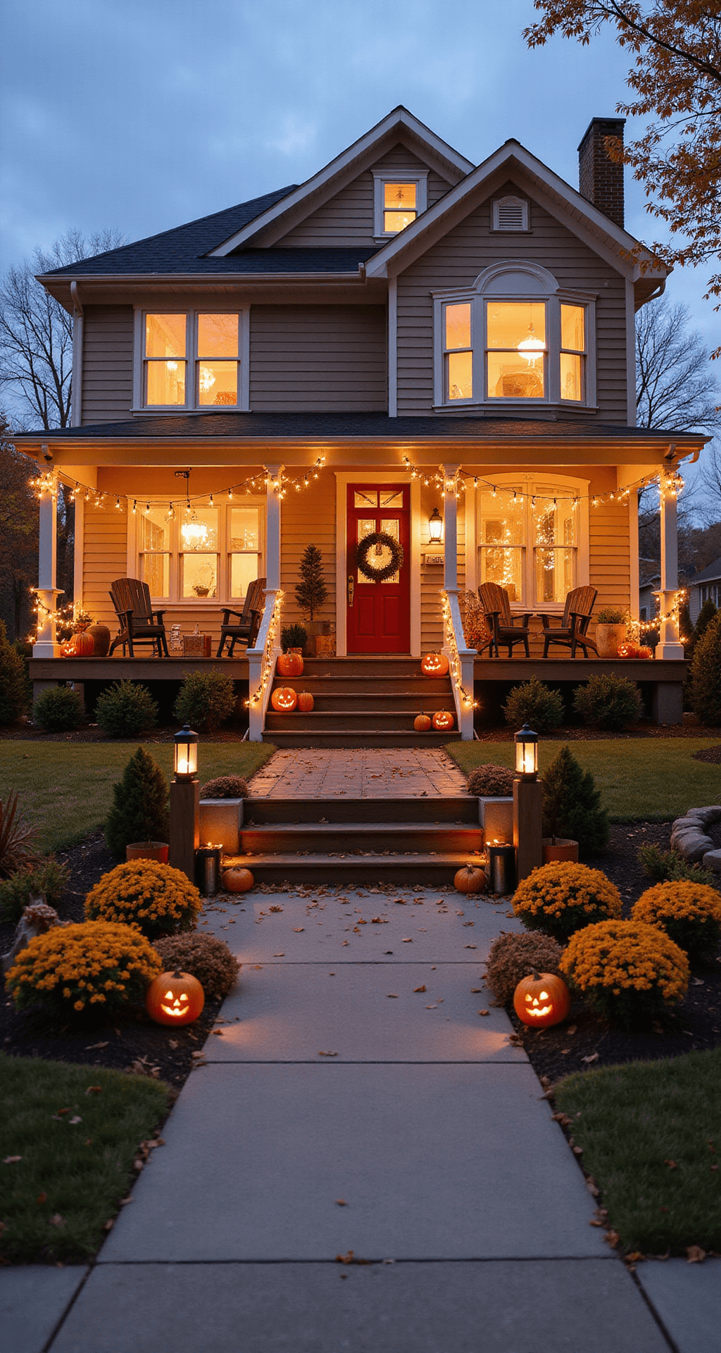 Exterior view of a two-story taupe house at dusk, featuring a wooden deck with rocking chairs, potted mums, twinkling fairy lights, jack-o'-lanterns, a red front door with a fall wreath, colorful leaf piles, and a small fire pit with Adirondack chairs, all illuminated by warm light from large windows.