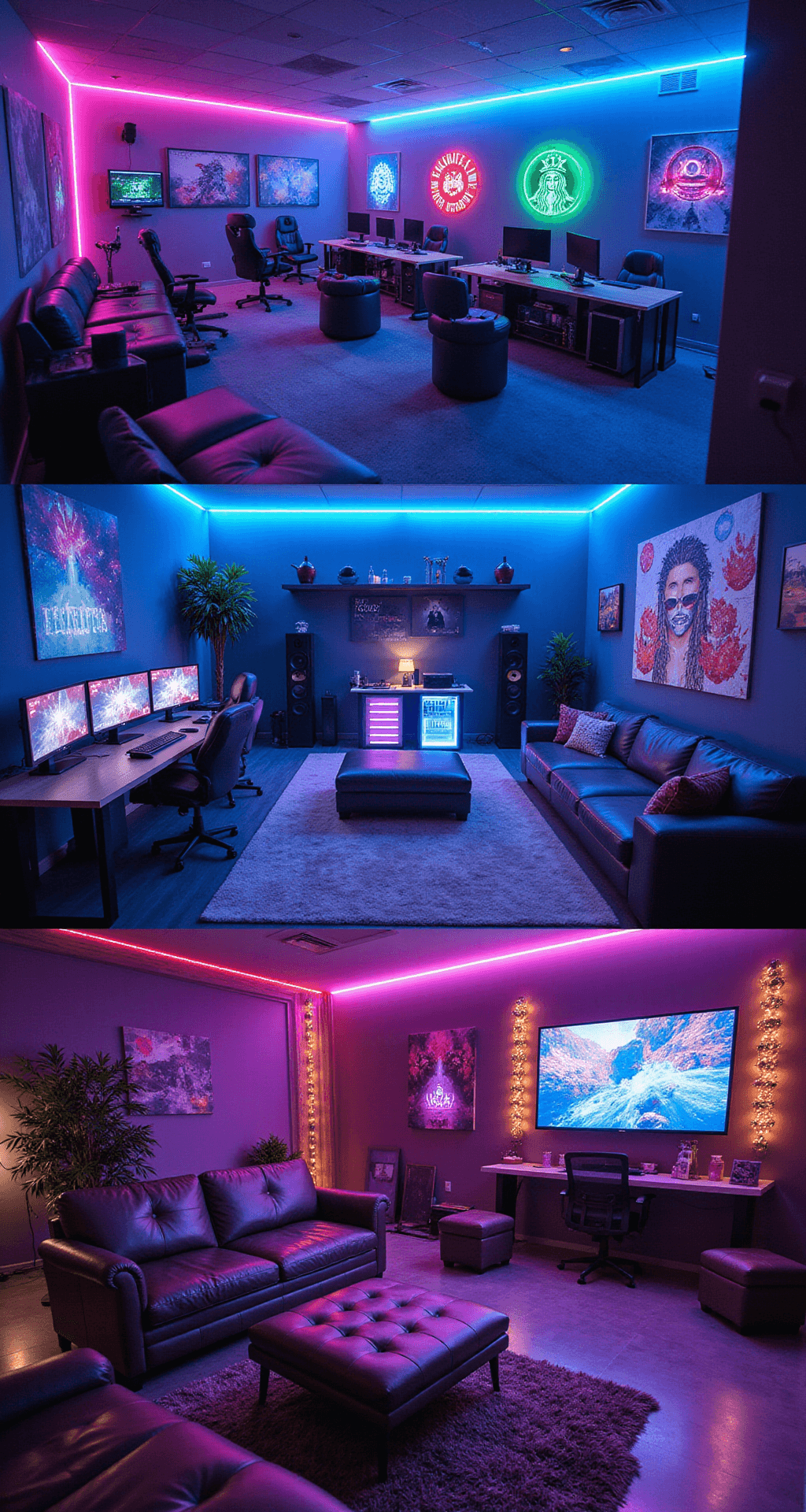 Level Up Your Living Room: The Ultimate Gaming Setup Guide An expansive basement gaming paradise featuring programmable LED lighting, with distinct gaming zones for PC, console, and VR experiences. Soundproofed walls adorned with neon signs and posters, comfortable seating arrangements, and a neon-lit wet bar area, captured from an elevated perspective.