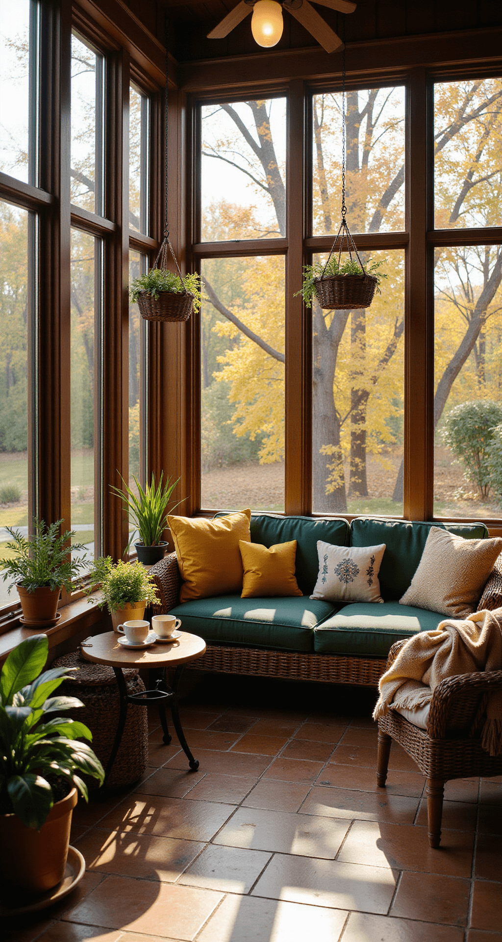 Interior of a Bloxburg sun room on a crisp fall morning, featuring floor-to-ceiling windows with views of vibrant autumn trees, sunlight creating patterns on the terracotta tile floor, wicker furniture with plush cushions, potted plants, a bistro table with steaming mugs of coffee, and a cozy reading nook with knit blankets and embroidered pillows, all captured from an elevated corner perspective.