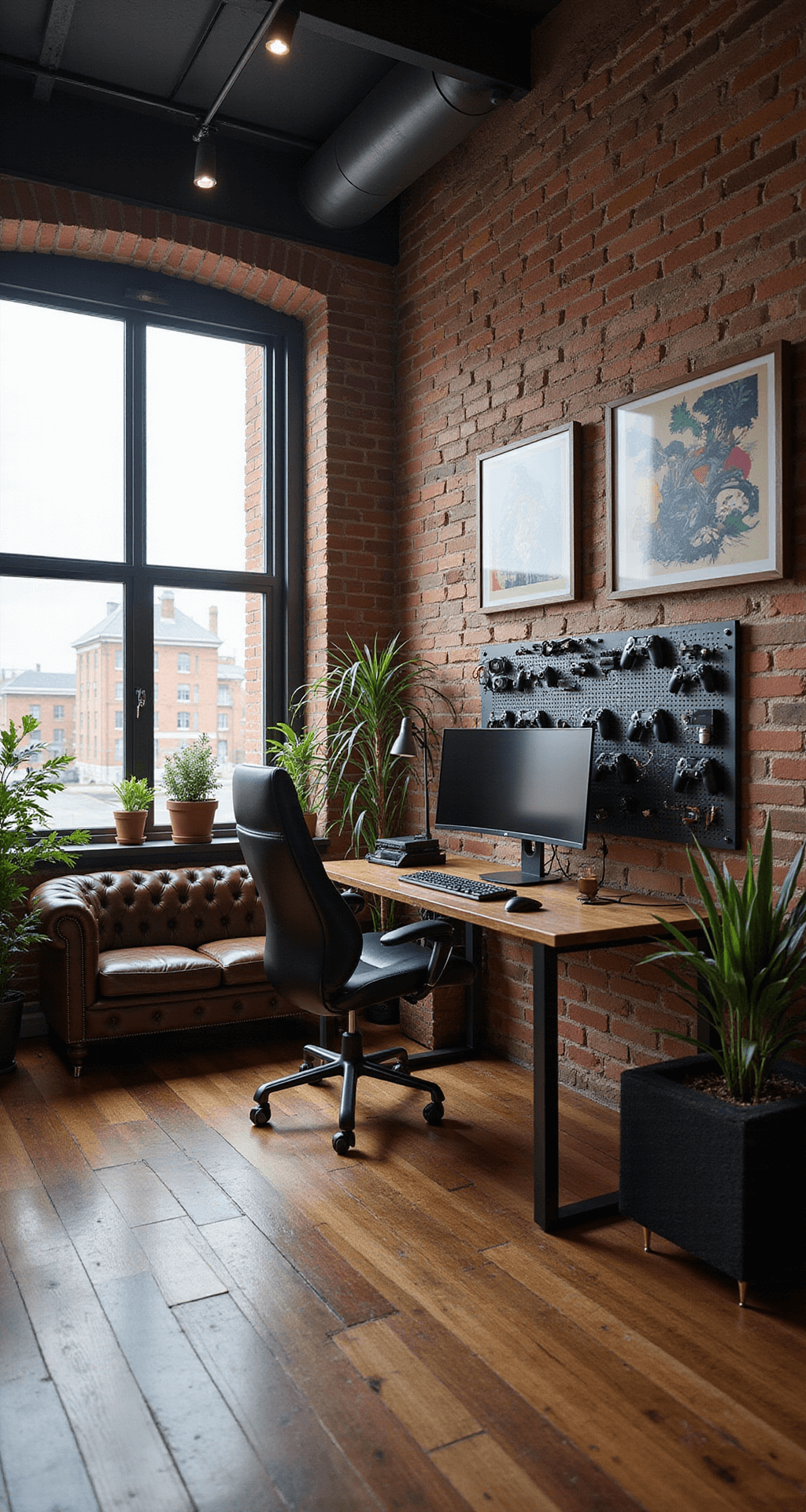 Level Up Your Living Room: The Ultimate Gaming Setup Guide A stylish loft-style room with exposed brick walls, high ceilings, and large industrial windows, featuring a custom gaming desk with an ultrawide monitor, a leather gaming chair, a vintage Chesterfield sofa, and a pegboard for accessories, enhanced by potted plants and abstract artwork.