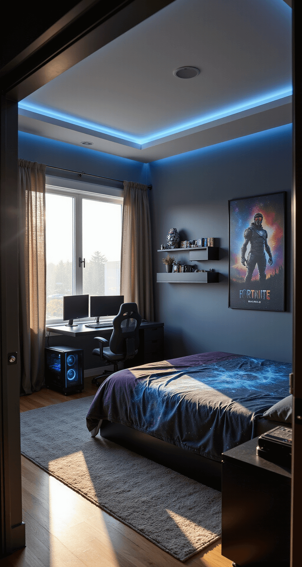 A spacious teen boy's bedroom featuring a sleek black gaming desk with dual monitors and a custom PC, bathed in warm afternoon sunlight. The deep charcoal grey walls display gaming collectibles on floating shelves, while a large 'Fortnite' canvas print hangs above a neatly made bed with a galaxy-print comforter. An ergonomic black and neon blue gaming chair sits empty, and LED strip lights line the ceiling. The image captures a wide view from the doorway.