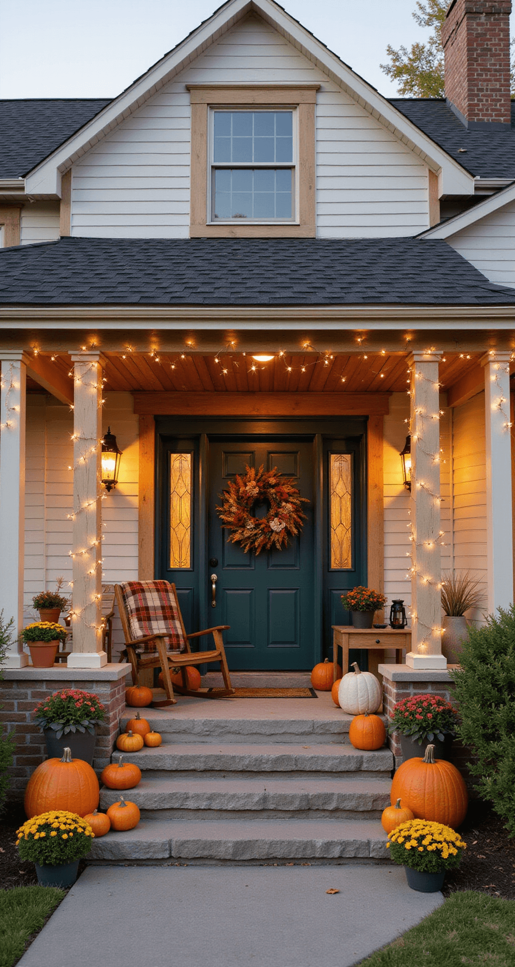 Exterior detail of a Bloxburg house showcasing a fall-themed porch with a cobblestone floor, rustic wooden pillars adorned with fairy lights, a deep forest green door with an autumnal wreath, pumpkins, pots of chrysanthemums, and a wooden rocking chair with a plaid blanket, all bathed in the warm glow of the setting sun.