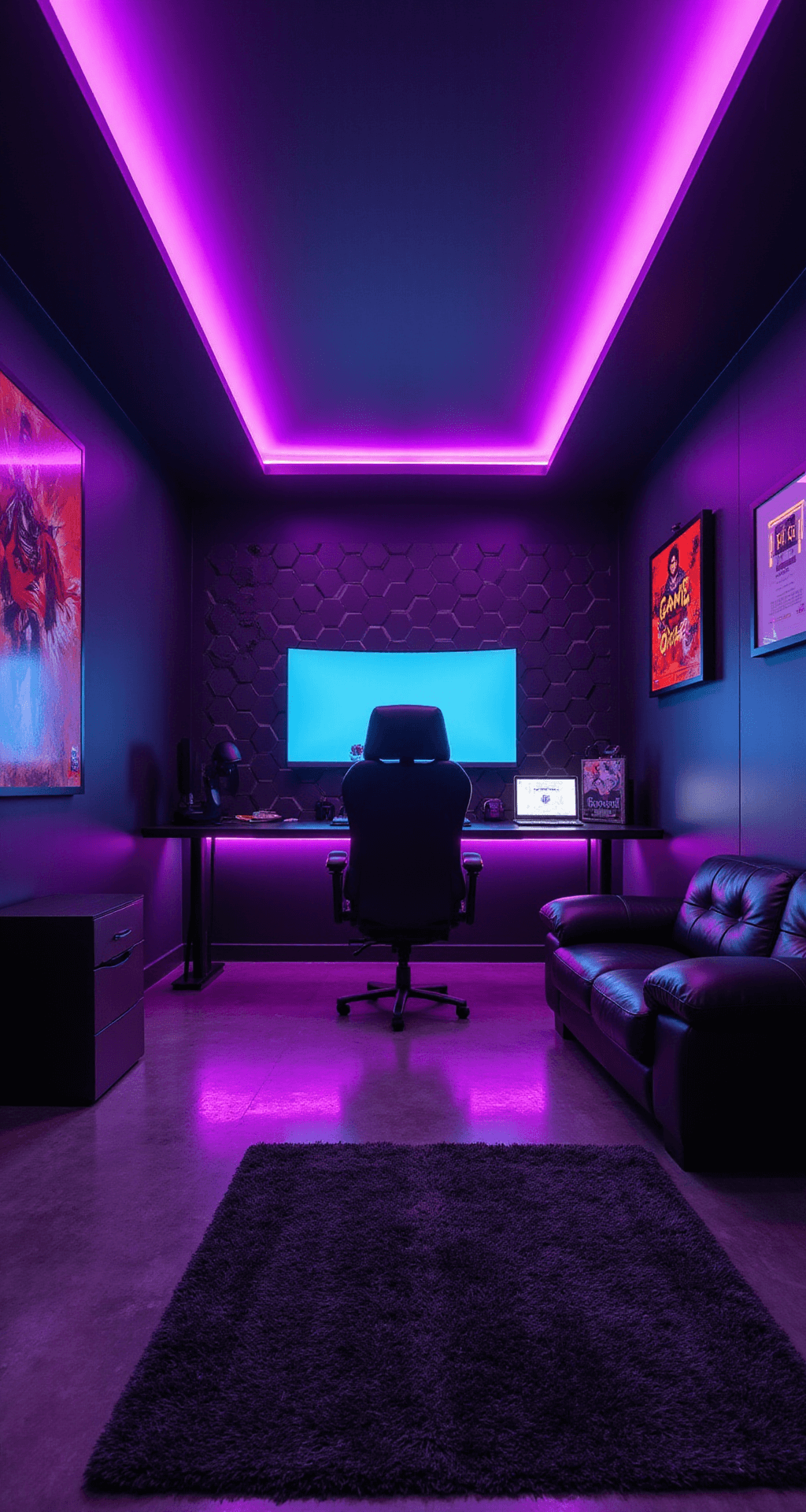 A compact teenage gaming room with matte black walls and pulsing purple LED lights, featuring a curved ultrawide monitor on a floating desk, hexagonal RGB wall panels, a plush dark grey rug, and a black leather modular gaming sofa, all illuminated by dramatic lighting and accented with cyberpunk posters and a neon 'Game Over' sign.
