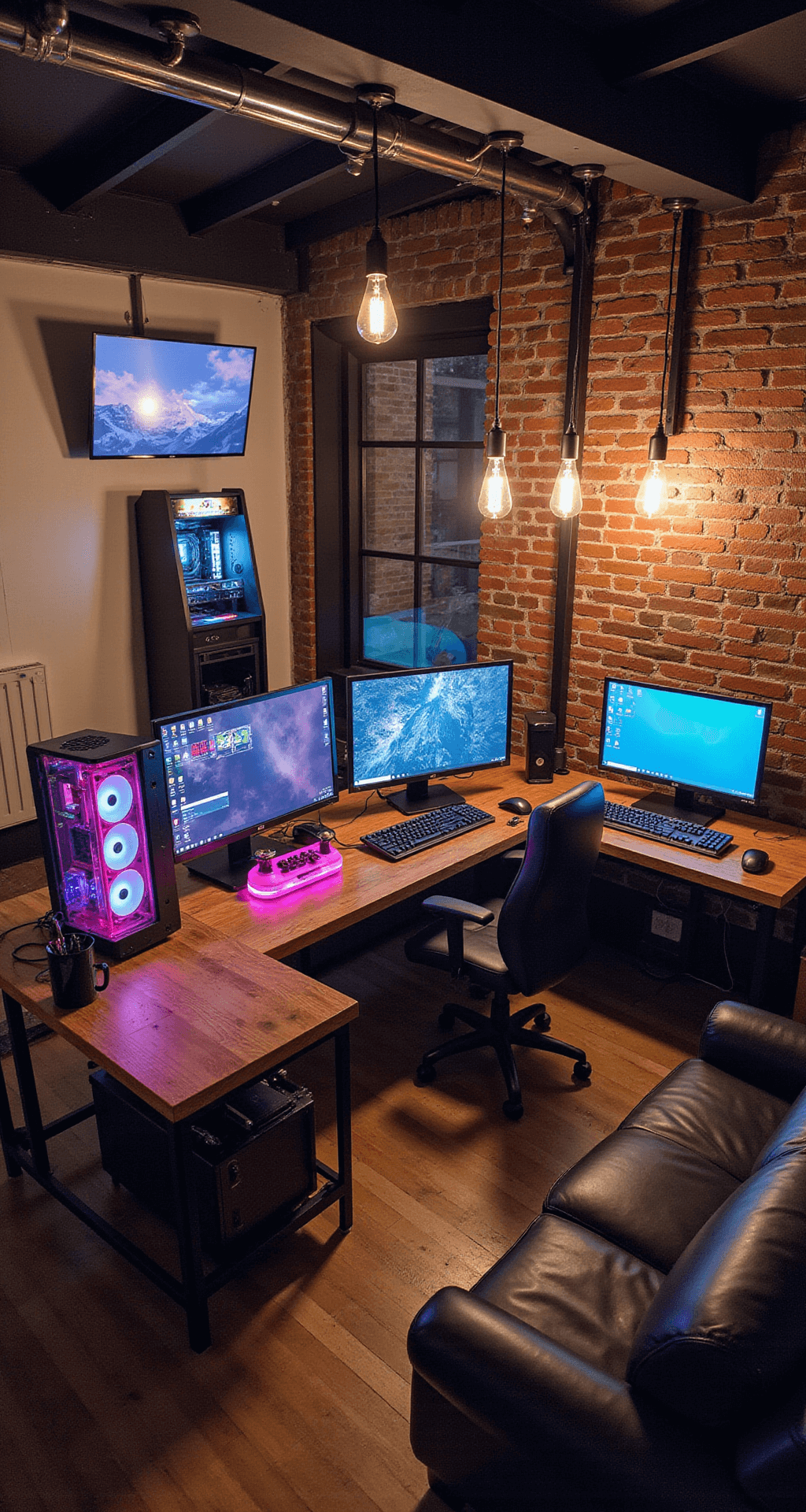 An elevated view of a stylish gaming loft with exposed white brick walls, a large L-shaped reclaimed wood desk hosting a triple-monitor setup, and neon pink liquid-cooled PC. The space features vintage arcade games, a leather couch, and warm Edison bulb lights casting a cozy atmosphere, all illuminated by the glow of multiple screens at dusk.