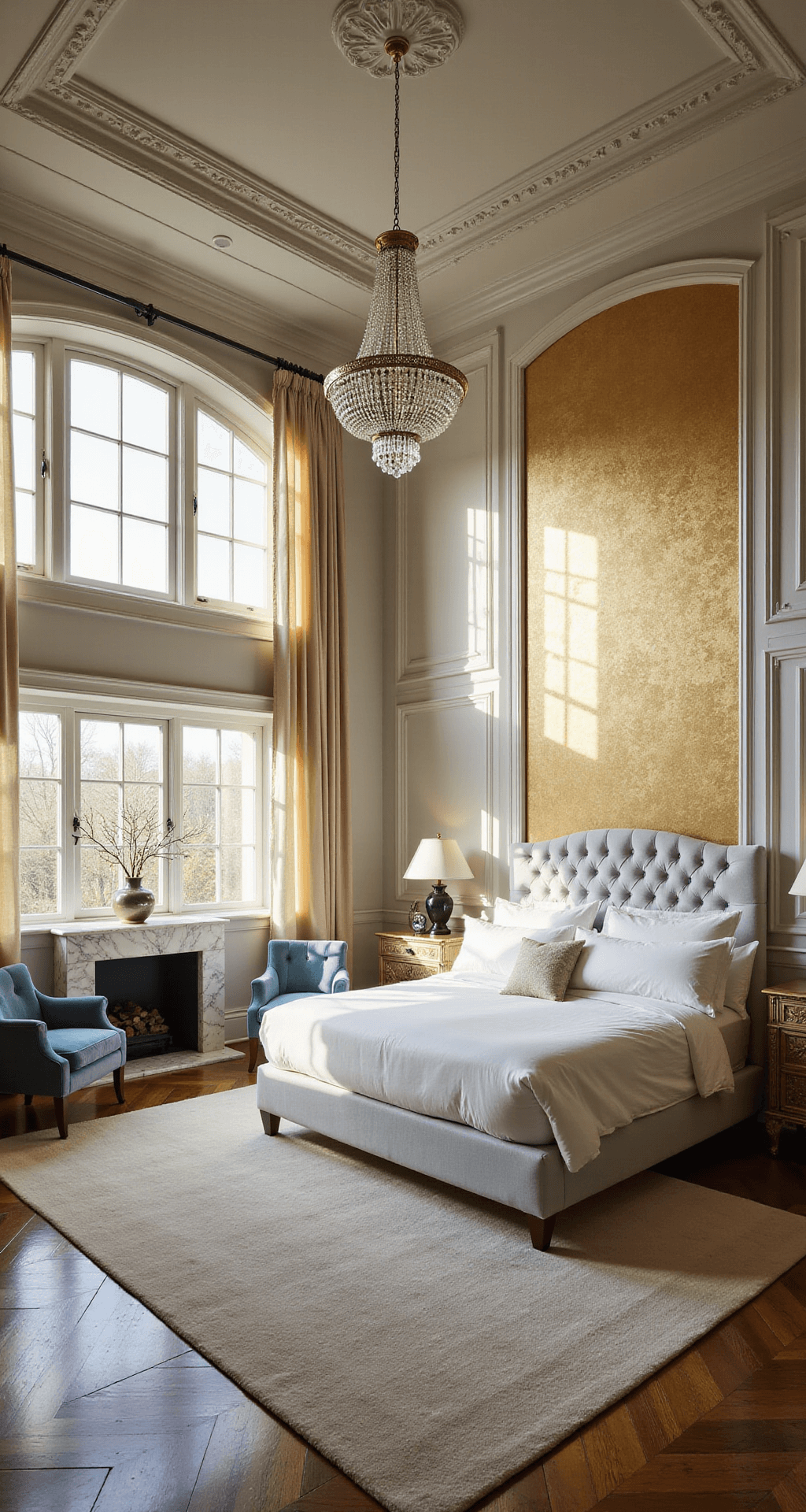Luxurious master bedroom in a two-story Bloxburg mansion, featuring a king-size bed with plush white linens, gold leaf patterned accent wall, crystal chandelier, cozy seating area with velvet armchairs, marble fireplace, and warm afternoon sunlight filtering through floor-to-ceiling windows, all set against rich hardwood floors and a cream-colored area rug.