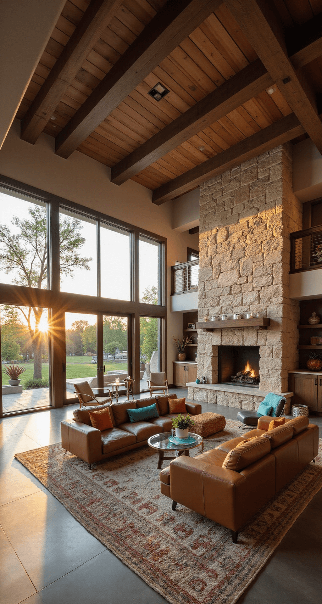A spacious Bloxburg mansion living room with an open floor plan, bathed in golden hour light, featuring a large L-shaped leather sofa, modern accent chairs, a glass coffee table, and a stunning stone fireplace, complemented by polished concrete floors and exposed wooden beams, decorated in earth tones with deep teal and burnt orange accents.