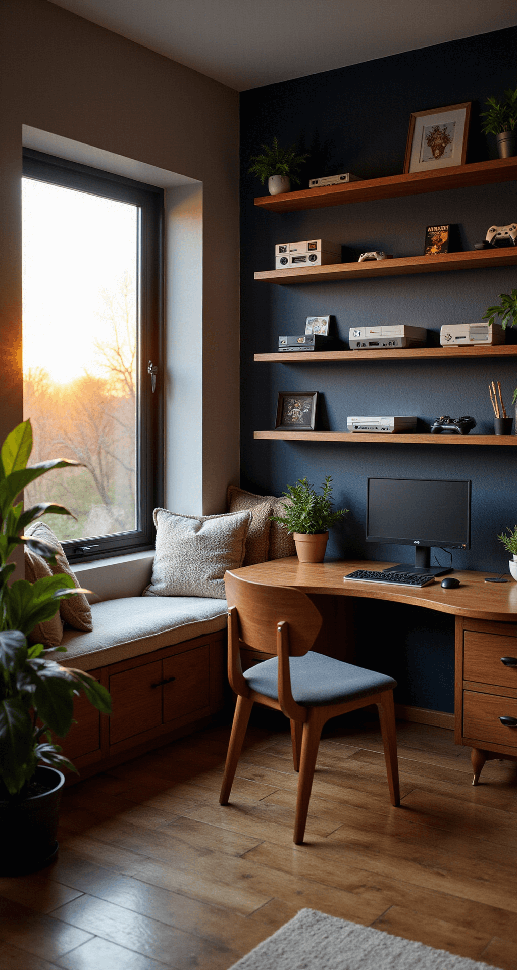 A cozy gaming nook featuring a plush window seat with hidden storage, surrounded by warm wood tones and a deep navy accent wall, highlighted by the golden hour sunset glow.