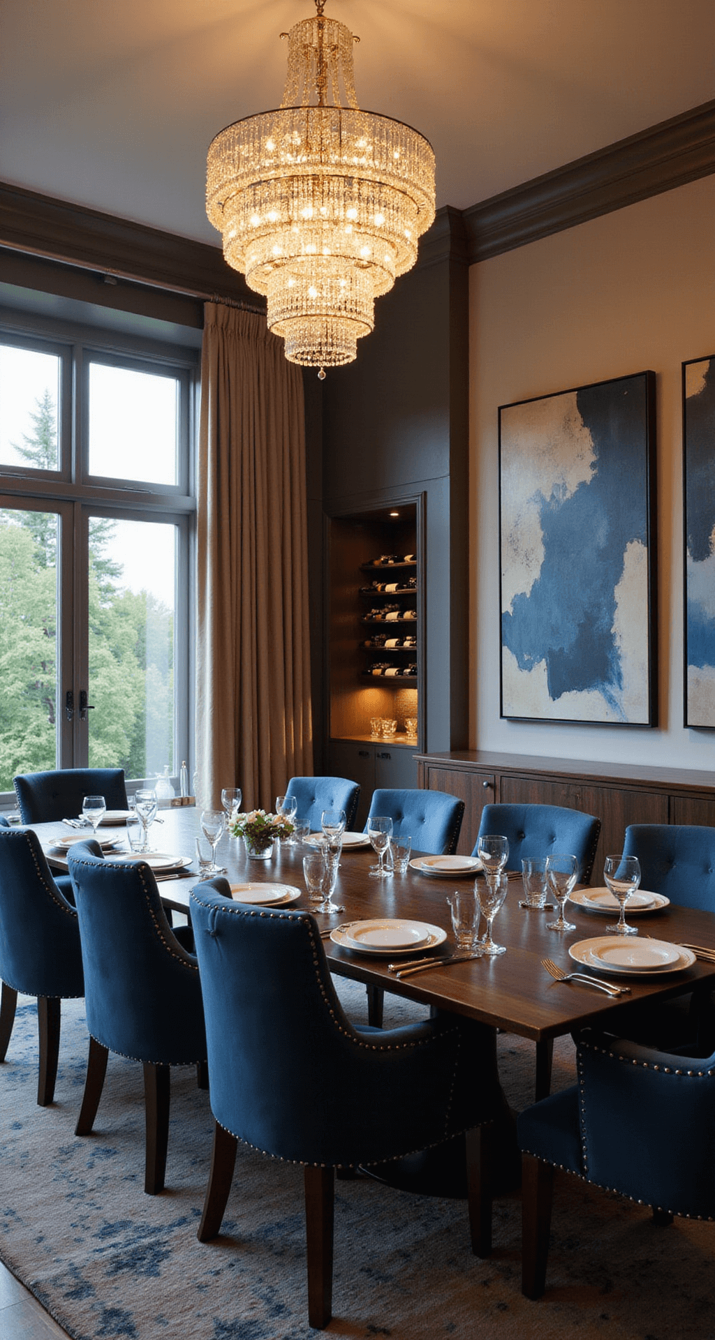 Elegant dining room in a Bloxburg mansion featuring a long dark wood table set for eight, surrounded by navy velvet chairs, illuminated by a crystal chandelier. A built-in wine rack and bar area, floor-to-ceiling windows with silk curtains, and abstract art adorn the walls, with a plush area rug underfoot.