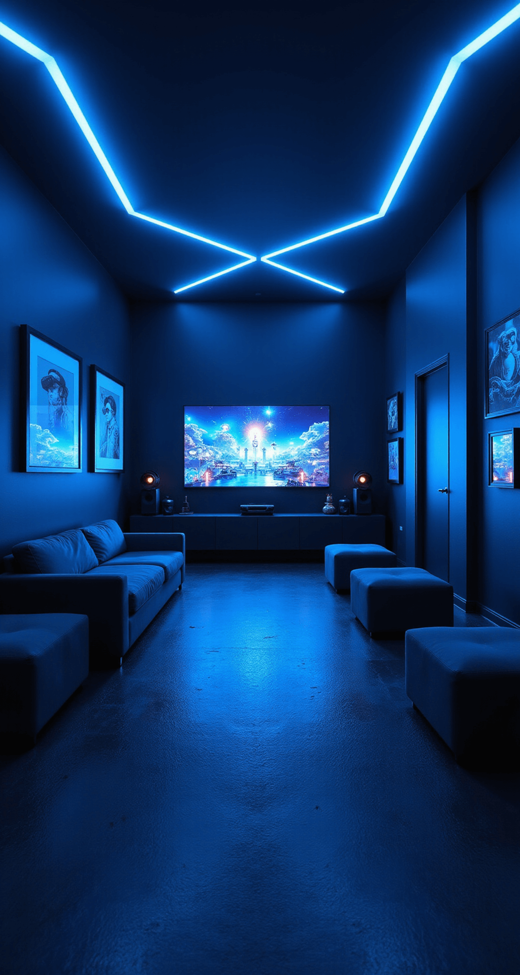A futuristic VR gaming room with a matte black interior, illuminated by blue LED strips outlining geometric shapes, featuring a clear central play area, wall-mounted VR equipment console, a large spectator screen, illuminated VR artwork frames, and minimalist movable furniture, captured from a fish-eye lens angle that highlights spaciousness.