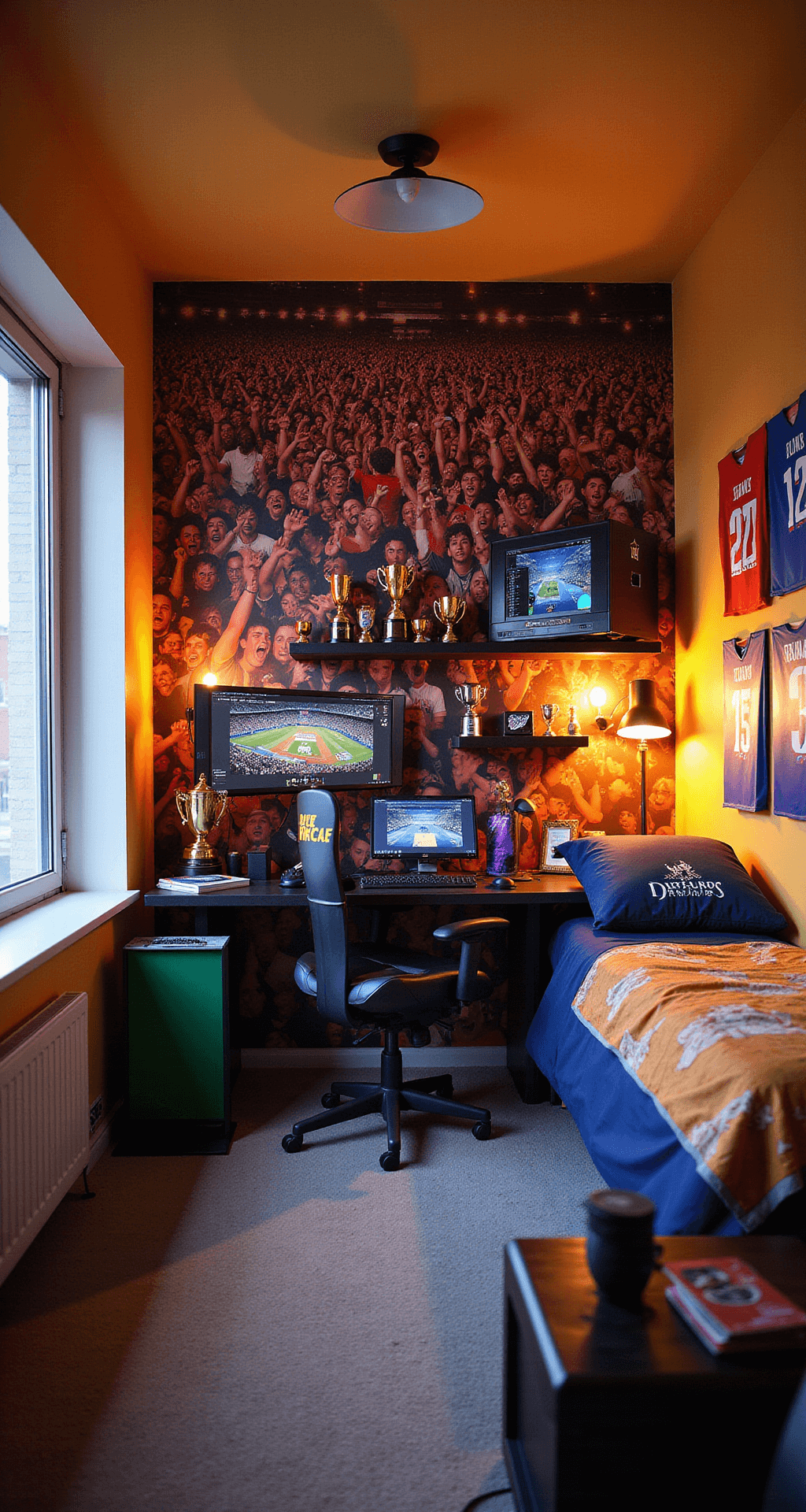 A vibrant eSports-themed bedroom featuring a floor-to-ceiling mural of a cheering crowd, a professional dual monitor gaming setup with RGB lighting, trophy shelves, signed jerseys, and a cozy bed with team-colored bedding, all illuminated by warm natural light and the cool glow of gaming equipment.