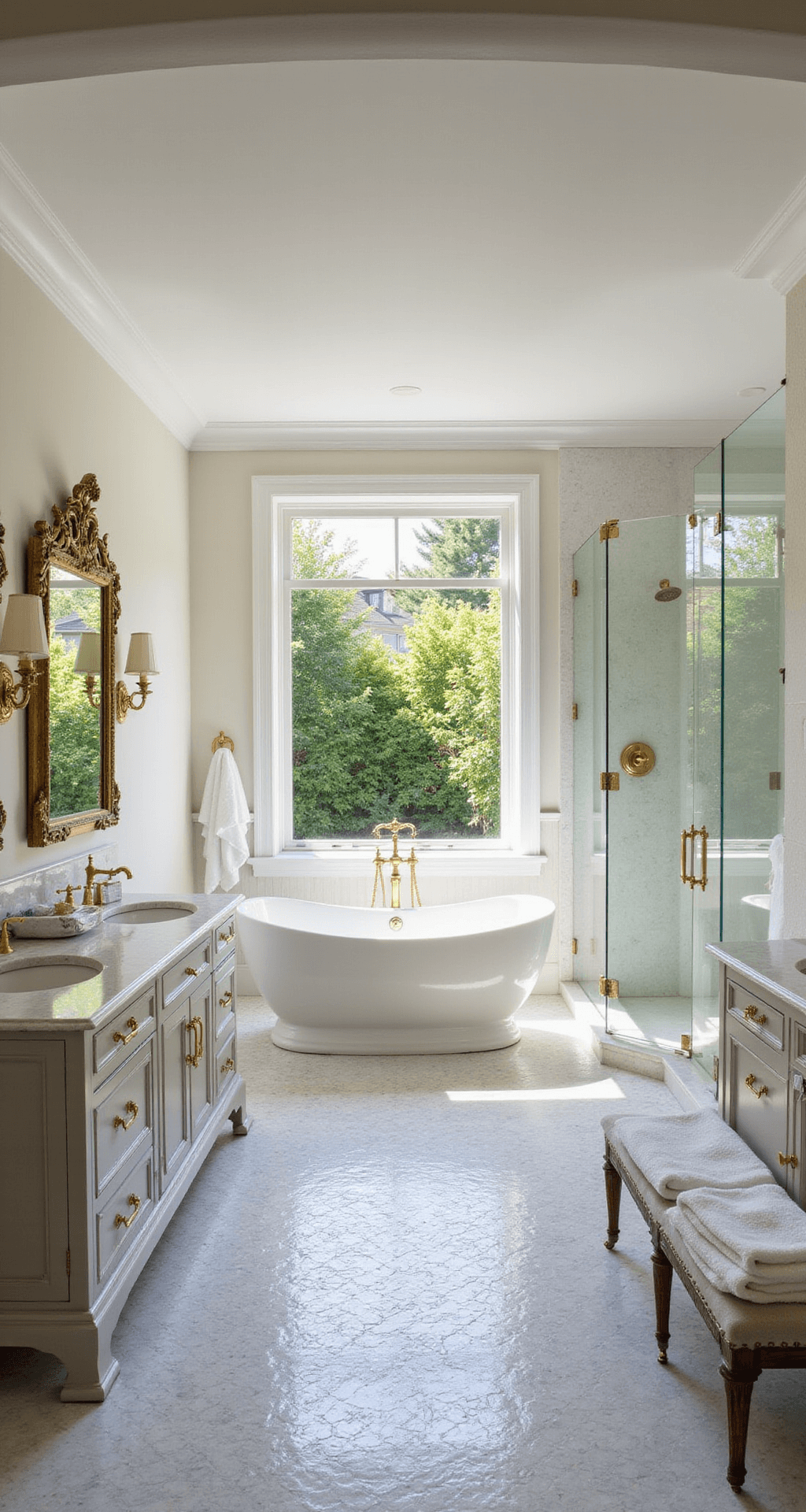 A luxurious master bathroom in a Bloxburg mansion featuring a freestanding oval bathtub by a large window, double vanities with marble countertops and gold fixtures, a spacious walk-in shower, intricate mosaic tile flooring, and a soothing color palette of white, cream, soft gray, and gold, all captured in bright morning light.