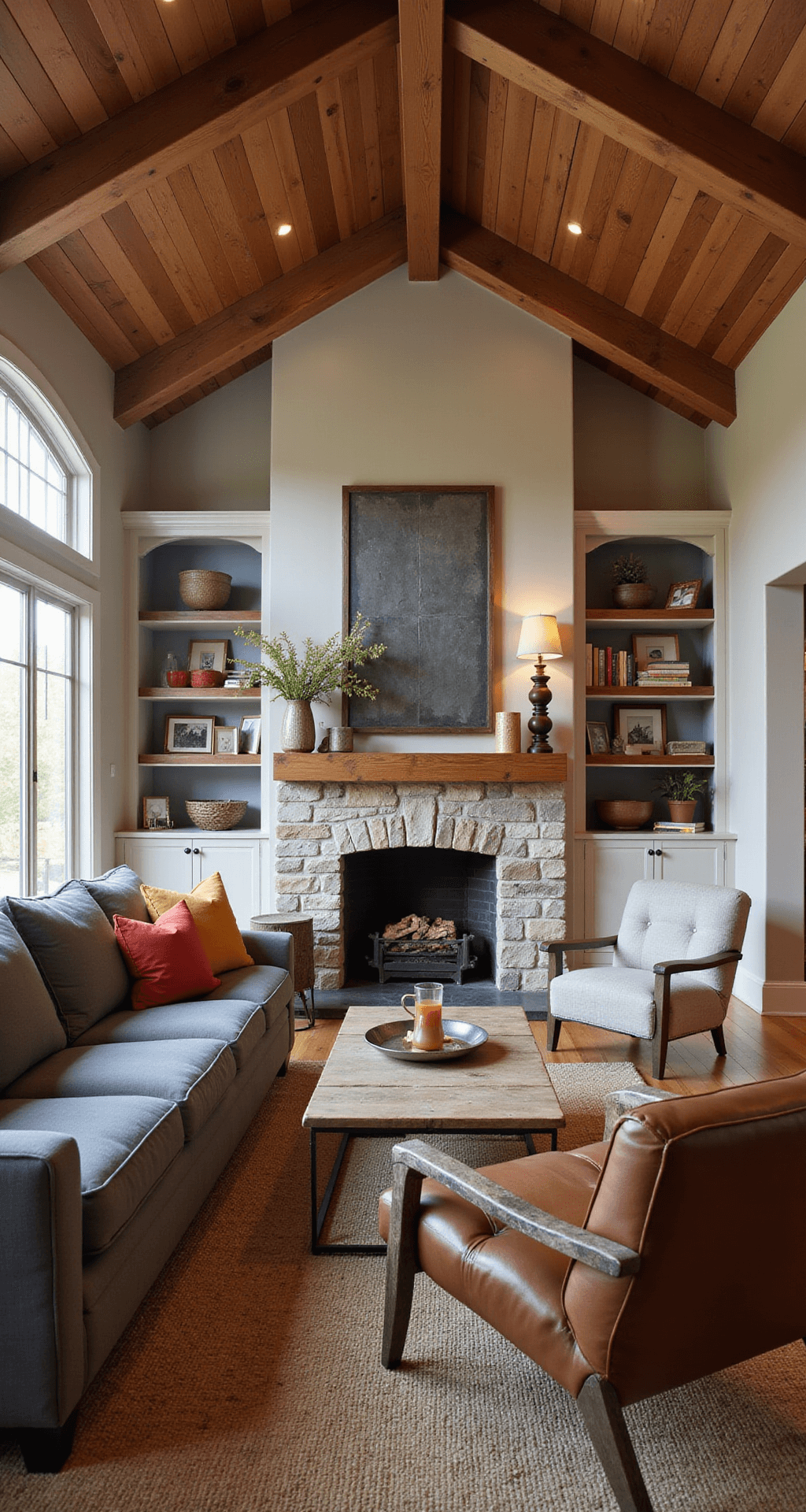 Cozy family great room with vaulted ceiling, exposed wooden beams, and stone fireplace, featuring a slate gray sectional, leather armchair, and textured woven rug, styled with built-in bookshelves filled with family photos and vintage items, all bathed in warm golden hour light.
