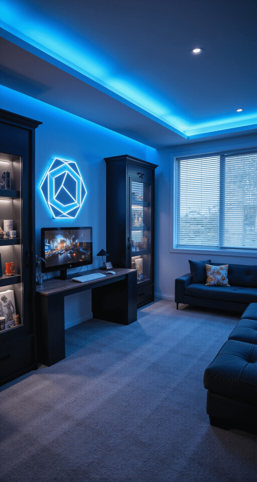 Dynamic diagonal view of a multi-purpose gaming room showcasing zoned lighting, modular furniture, and a geometric LED accent wall with synchronized game-reactive lighting, all in a clean white, black, and electric blue color scheme.