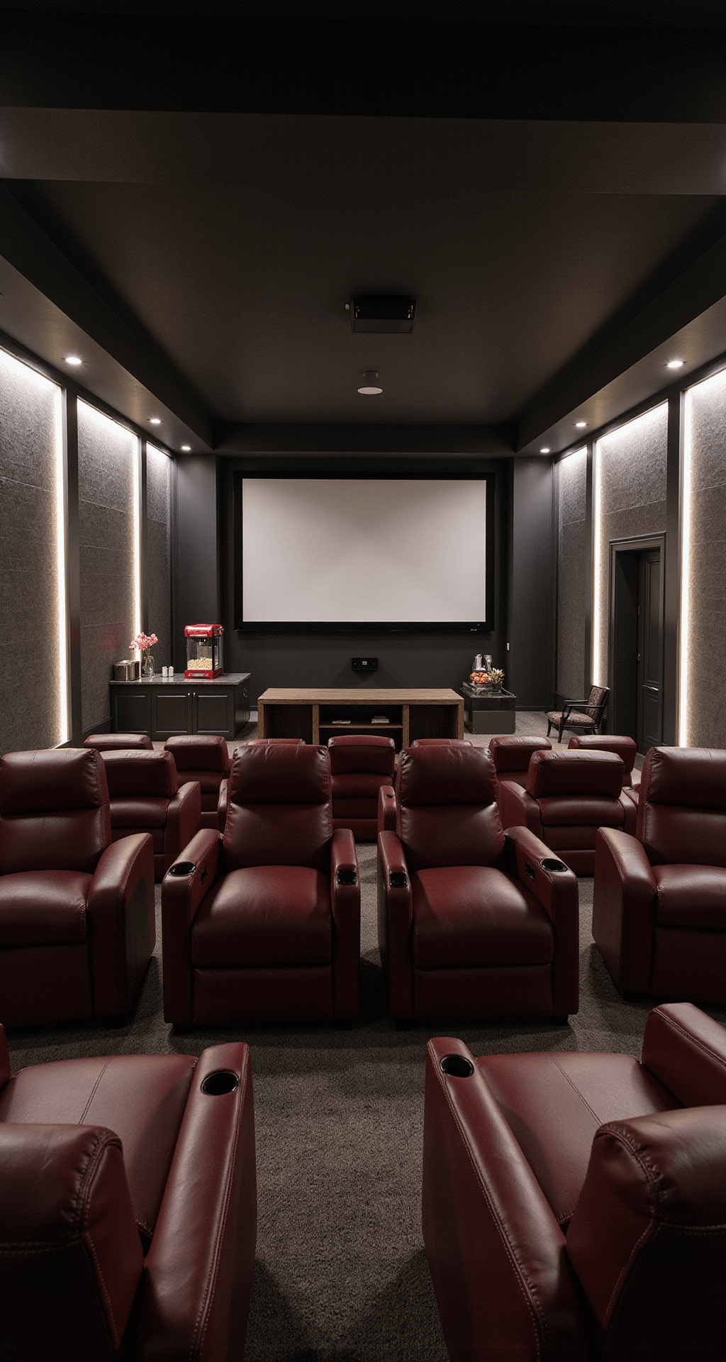 Opulent Bloxburg home theater featuring tiered seating with plush burgundy leather chairs, a large projection screen, sound-absorbing geometric panel walls, ambient LED lighting, and a wet bar with a popcorn machine, captured in low lighting.