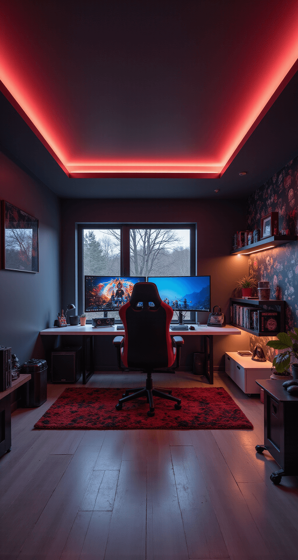 Spacious gaming room with matte black walls, a large curved monitor on a sleek white desk, a plush red gaming chair, floating shelves with collectibles, and a geometric black and red rug, illuminated by soft evening light from RGB LED strips and featuring a hand-painted 8-bit pixel art mural.