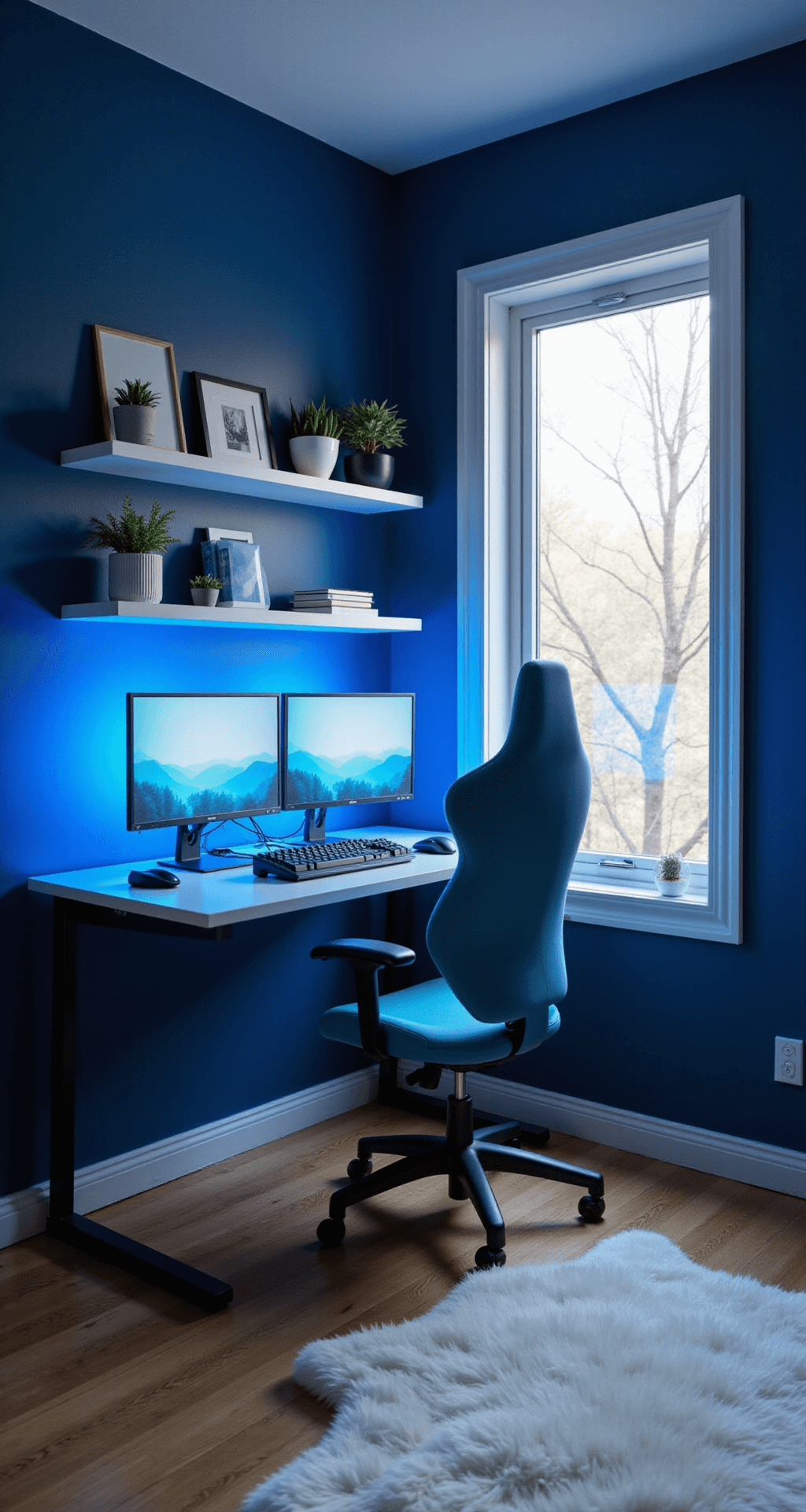 A cozy gaming nook featuring navy blue walls, cool blue ambient lighting, a dual-monitor setup on a floating desk, an ergonomic light blue chair, floating shelves with succulents and art, a large window providing natural light, and a plush white rug on the hardwood floor, all designed for a serene gaming experience.