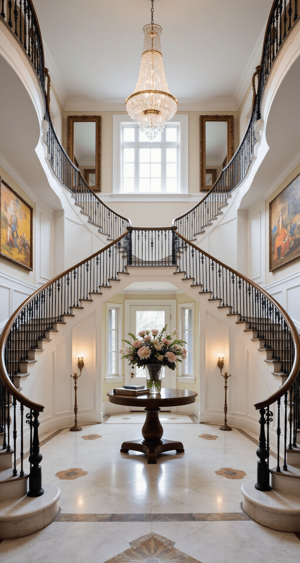 A grand foyer in a Bloxburg mansion featuring a sweeping double staircase, a massive crystal chandelier, polished marble floors with intricate inlay, and elegant decor, captured from a low angle to emphasize its height and grandeur.