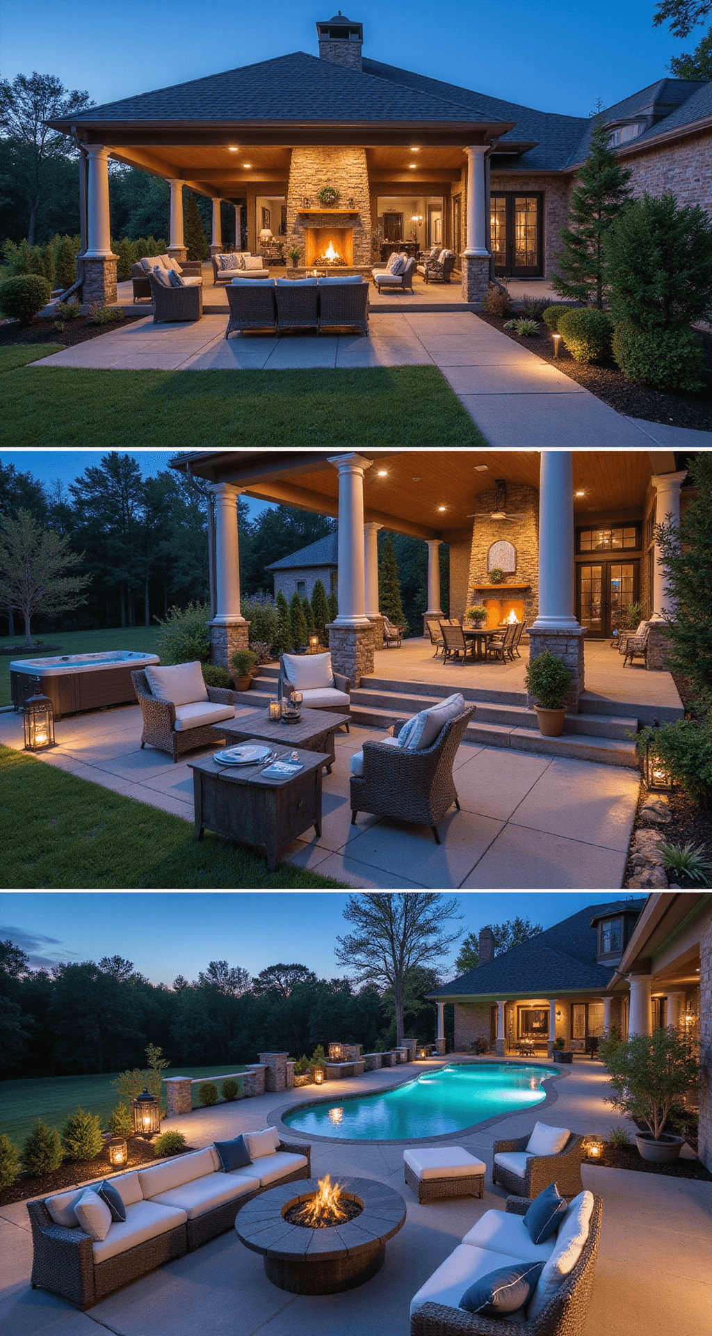 A luxurious outdoor living area of a Bloxburg mansion, featuring a covered patio with vaulted ceiling, outdoor fireplace, comfortable seating, a large dining table, string lights, and a beautiful landscaped yard with a pool and hot tub, all captured at twilight.