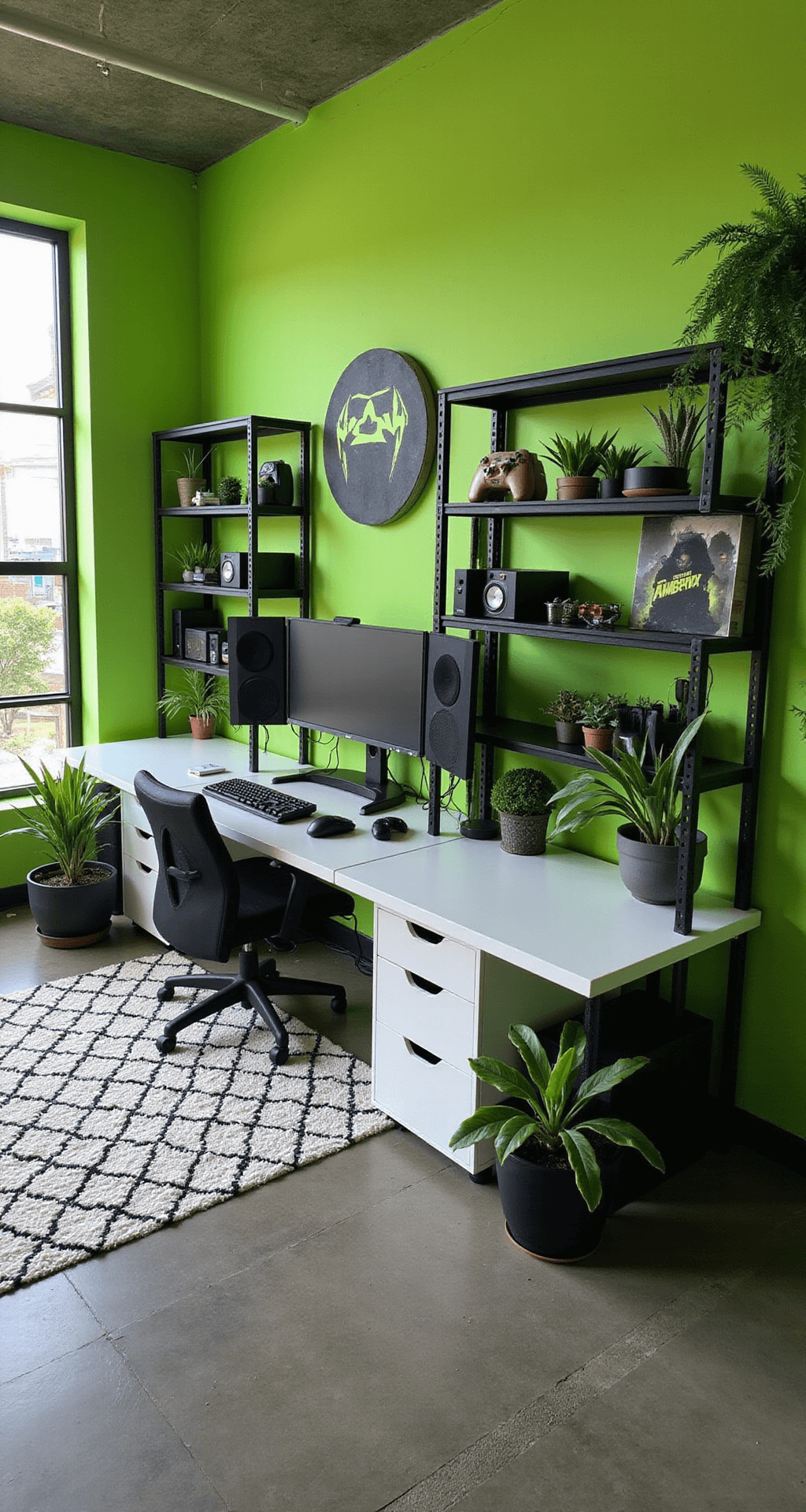 A vibrant gaming room with lime green walls, a large L-shaped white lacquer desk with multi-monitor setup and neon green accents, black metal shelving for gaming memorabilia, polished concrete floor with a black and white rug, and various potted plants, illuminated by natural daylight from large windows.