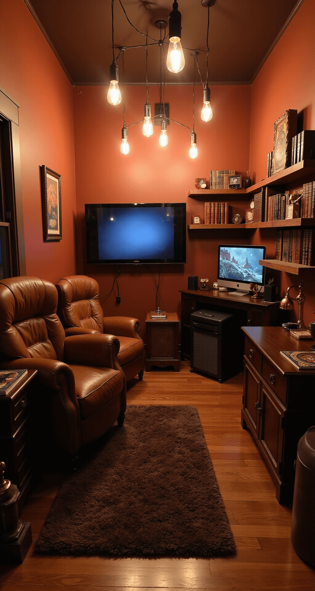 A cozy 10x12 ft gaming den with warm Edison bulb lighting, terracotta walls, dark wood furniture, and a vintage leather armchair facing a wall-mounted TV. The space features floating shelves with board games and books, a plush chocolate brown rug, and copper accents, captured from a low angle to enhance the inviting atmosphere.