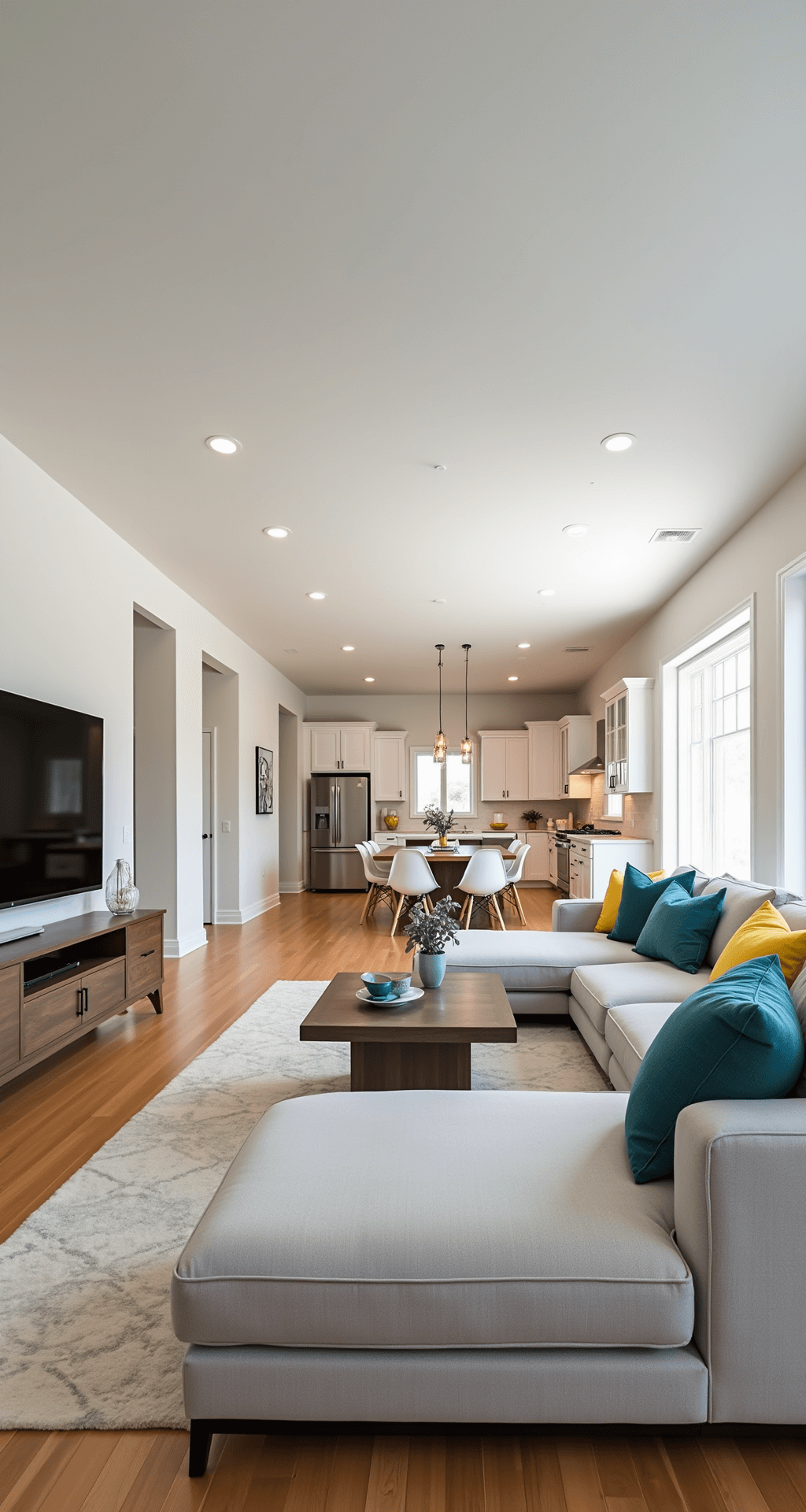 One-Story House Layouts for Bloxburg: Inspiration and Ideas for Your Virtual Home Spacious one-story family home interior featuring an open-concept living area with large windows, a modern L-shaped grey sofa with teal and yellow pillows, a sleek entertainment center with a flat-screen TV, a dining area with a farmhouse table and white chairs, and a stylish kitchen with white cabinets and a large island, all on warm hardwood floors under soft, diffused lighting.