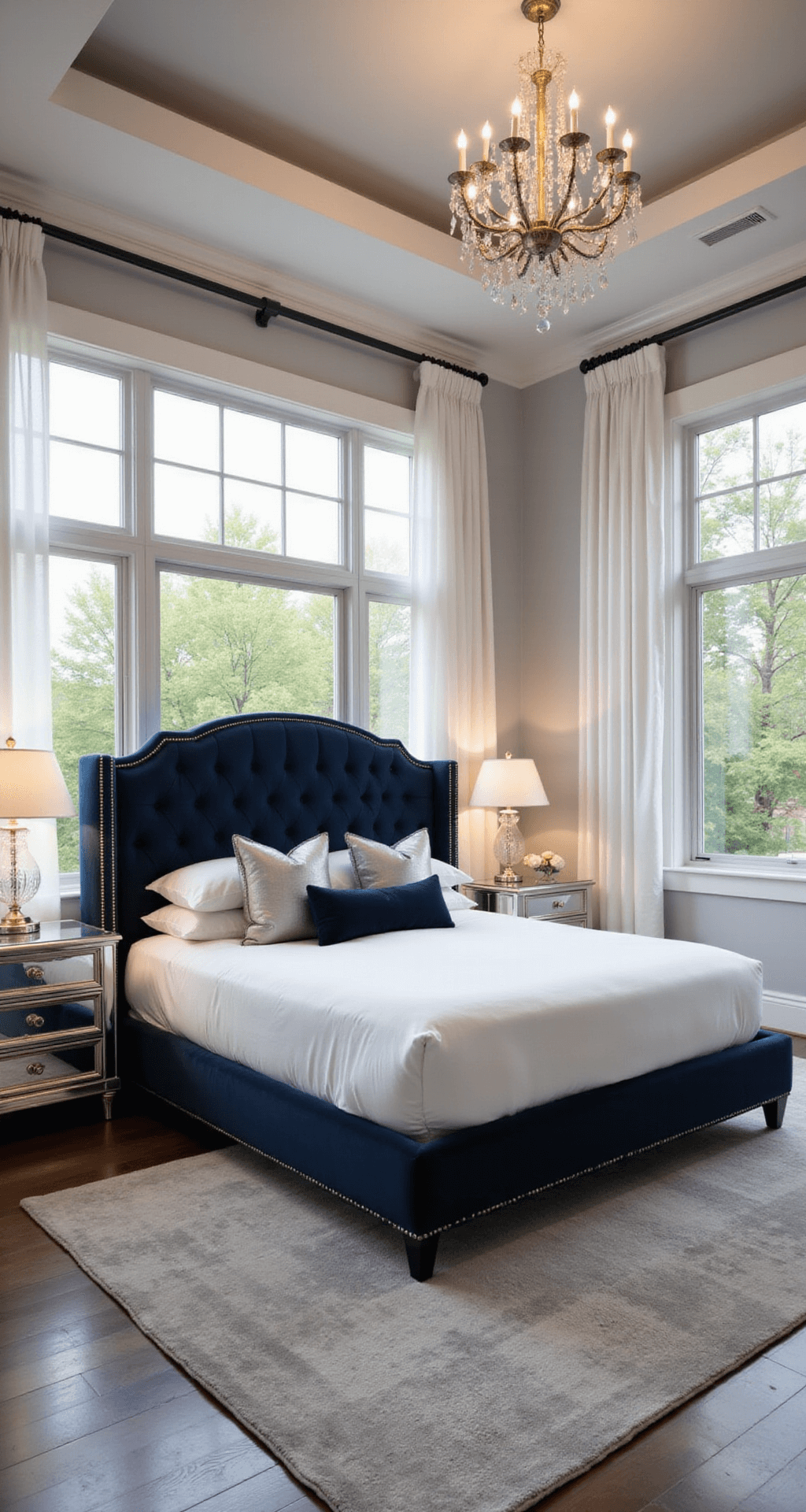 One-Story House Layouts for Bloxburg: Inspiration and Ideas for Your Virtual Home A luxurious master bedroom featuring a king-size tufted navy blue bed with white linens and silver accent pillows, mirrored nightstands with crystal lamps, a light grey area rug over dark hardwood floors, floor-to-ceiling windows with sheer curtains, and a crystal chandelier, all illuminated by warm ambient lighting.