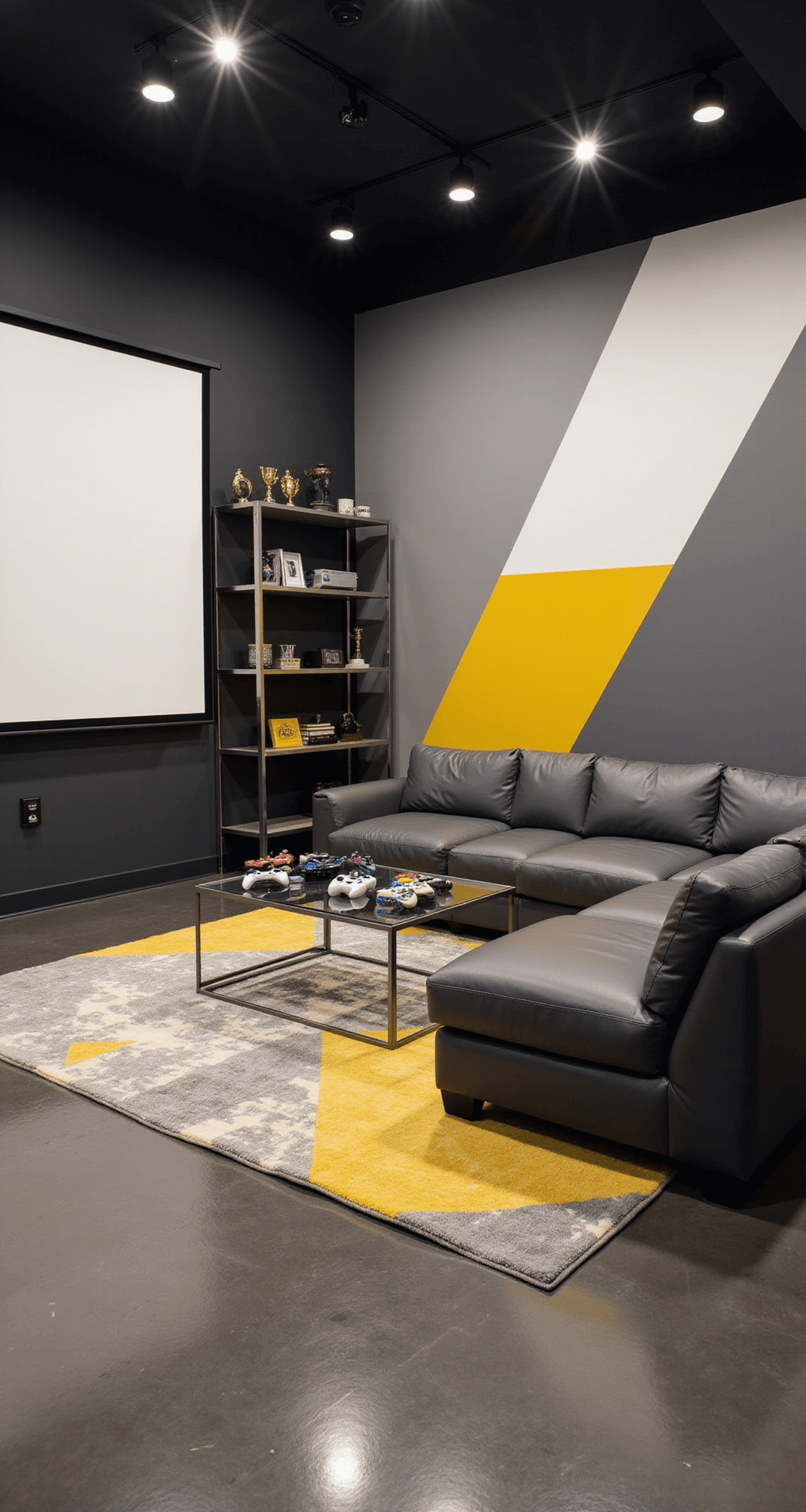 A modern gaming lounge with dramatic track lighting, featuring a bold geometric wall in gray, white, and yellow, a charcoal leather sectional, a large projector screen, and metal shelving displaying art and gaming trophies, all on a polished concrete floor partially covered by an abstract rug.