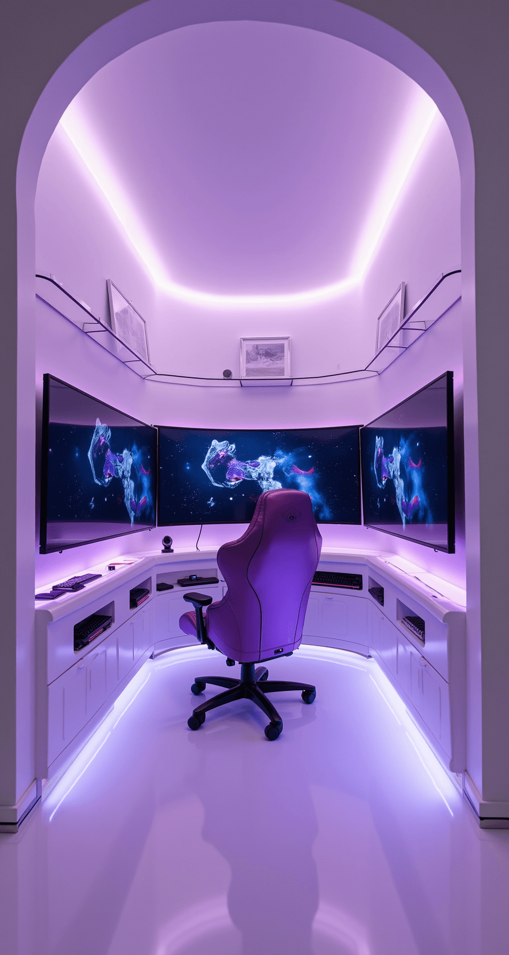 A futuristic gaming pod with soft purple LED lighting, glossy white walls for projected imagery, a curved gaming station with multiple screens, a metallic purple gaming chair, clear acrylic floating shelves with gaming peripherals, and a reflective white epoxy floor, all accented by minimalist silver-framed art.