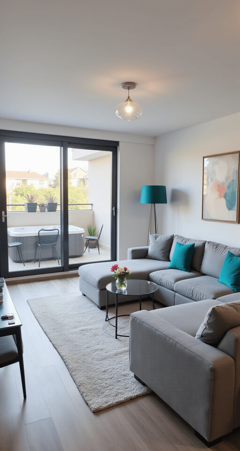 One-Story House Layouts for Bloxburg: Inspiration and Ideas for Your Virtual Home A compact Bloxburg living room with a modern grey sectional sofa, wall-mounted TV, glass coffee table with flowers, and a small dining set under a pendant light, all illuminated by natural light. Floor-to-ceiling sliding glass doors open to a balcony featuring a hot tub and potted plants, with a color palette of white, grey, and teal accents.