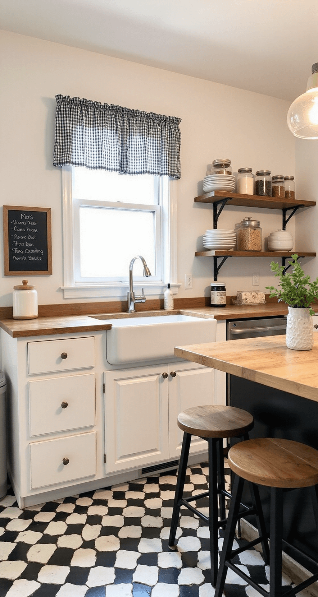 One-Story House Layouts for Bloxburg: Inspiration and Ideas for Your Virtual Home A cozy, budget-friendly Bloxburg kitchen featuring white shaker cabinets, butcher block countertops, a farmhouse sink with gingham curtains, open shelving with mismatched dishes, a small island with two stools, classic black and white checkerboard tiles, and a chalkboard menu, illuminated by soft, warm lighting.