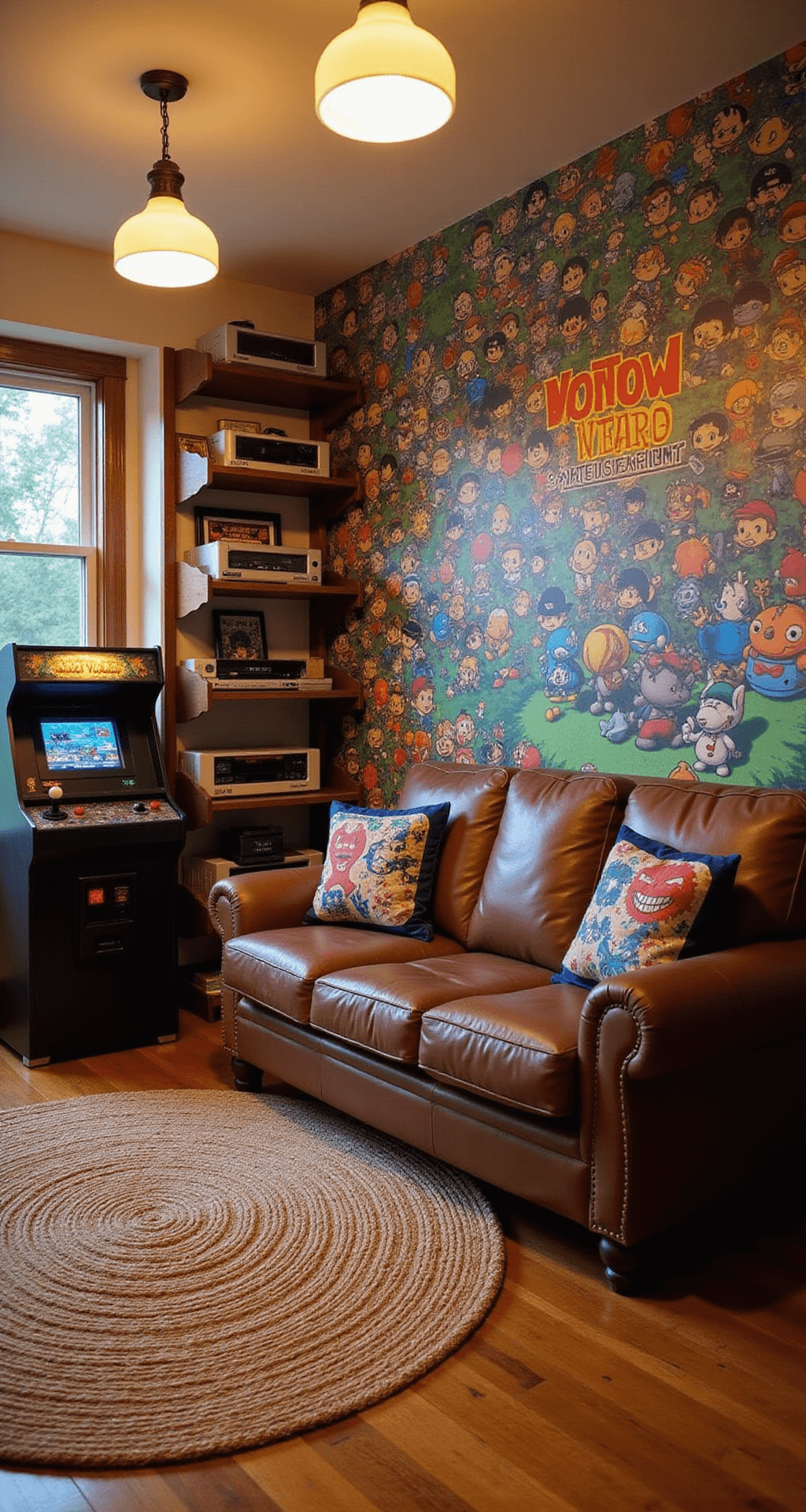 A cozy retro gaming room featuring a vibrant 8-bit mural of classic arcade characters, a custom arcade cabinet, shelves of retro consoles, a brown leather loveseat with pixel art cushions, and warm pendant lighting, evoking nostalgia and playfulness.