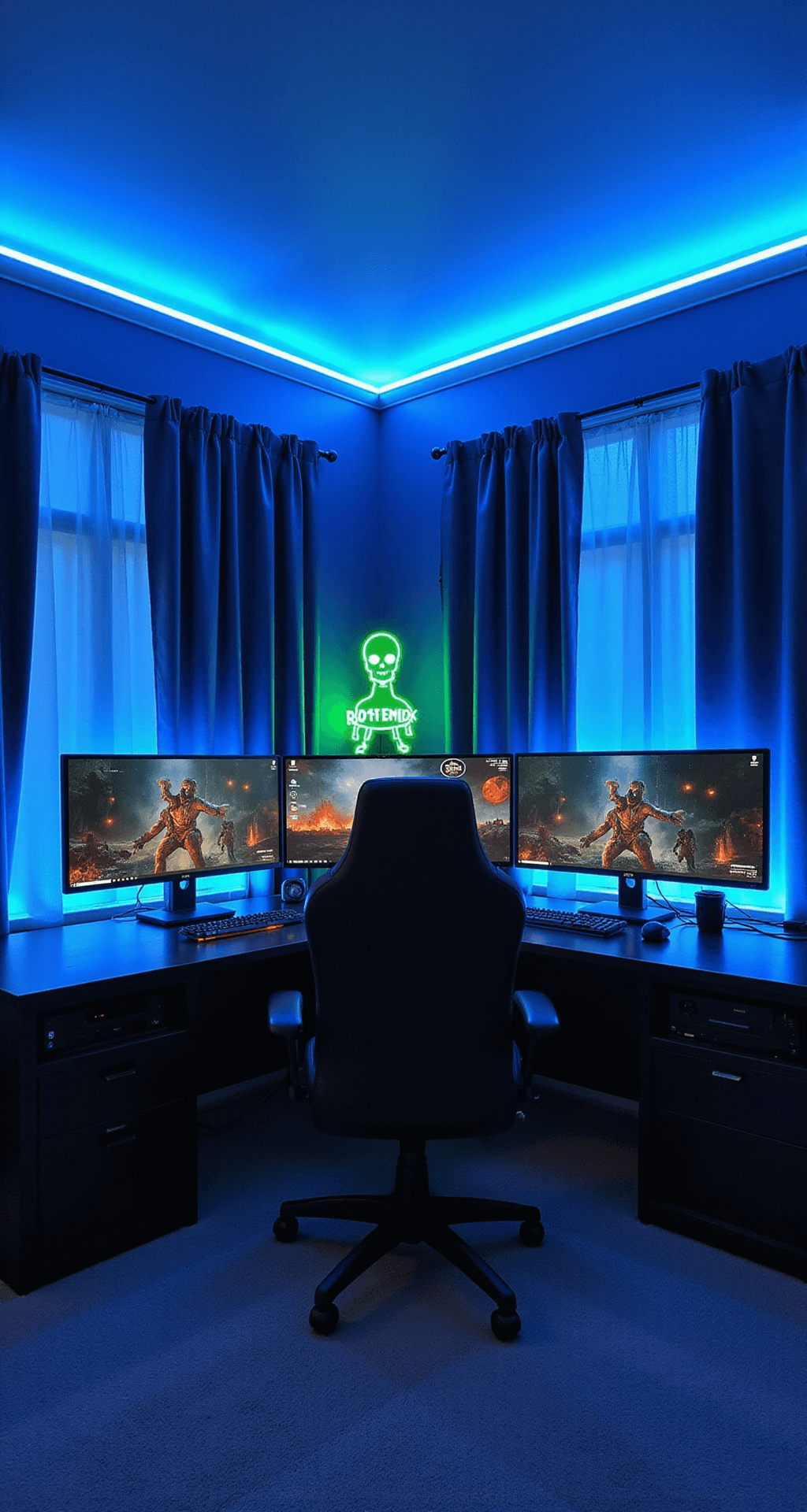 A modern gaming room featuring blue LED lighting, three curved monitors, a black gaming chair, and an L-shaped desk with storage, adorned with pixel art and a neon green zombie sign, all showcasing impeccable cable management.