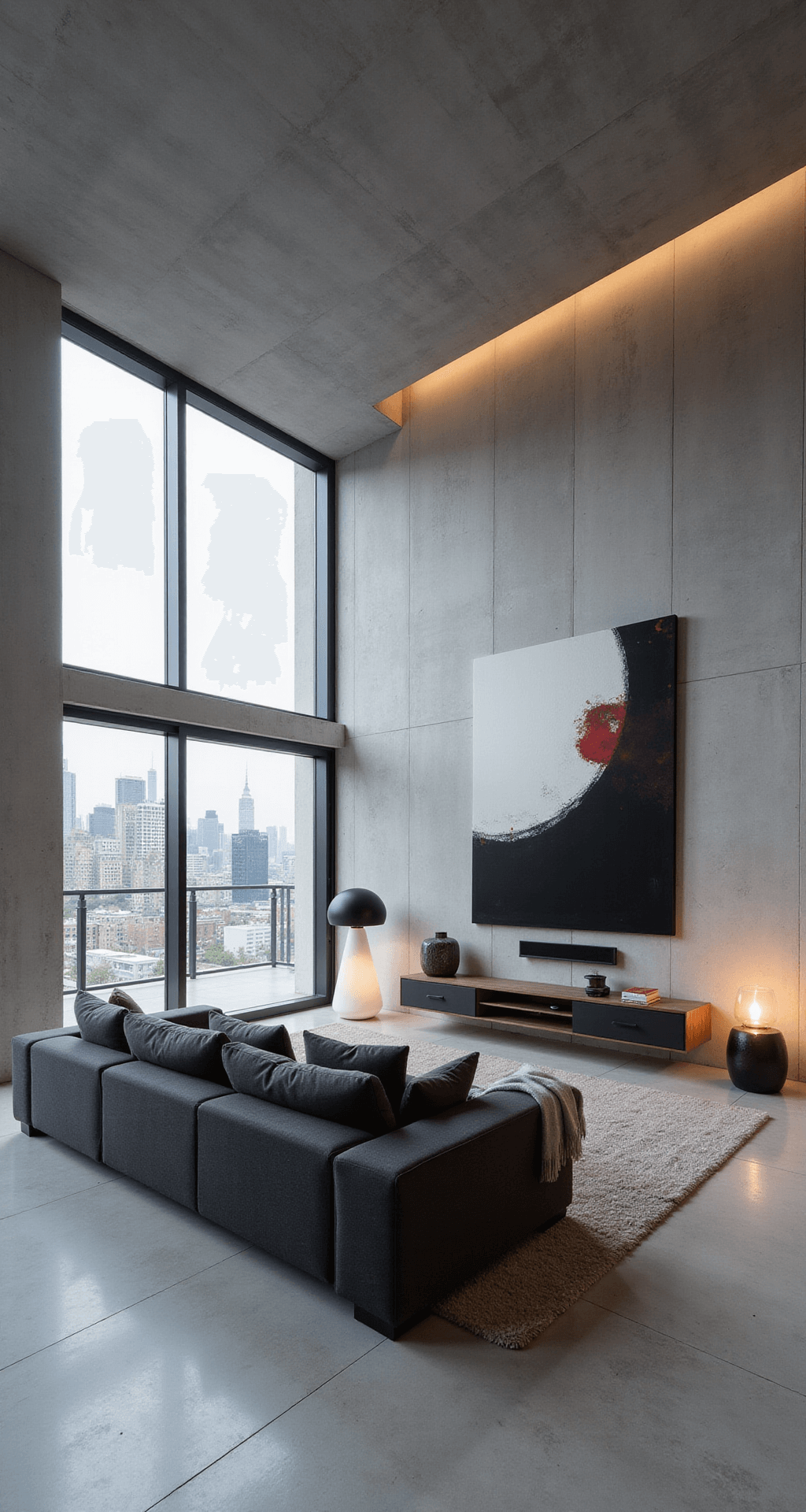 One-Story House Layouts for Bloxburg: Inspiration and Ideas for Your Virtual Home Modern Bloxburg living room featuring smooth concrete floors and walls, a charcoal grey sofa, a floating entertainment unit, and a large abstract canvas. Floor-to-ceiling windows reveal a cityscape, while a sculptural floor lamp adds ambient light. The design emphasizes minimalist furnishings and clean lines.