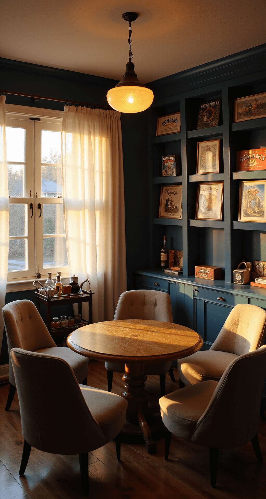 Cozy gaming nook during golden hour with sheer curtains, warm lighting from smart lamps, round wooden table surrounded by plush armchairs, board games on built-in shelves, deep navy walls with vintage game box art, and a small bar cart with cocktail supplies, captured from an elevated angle.