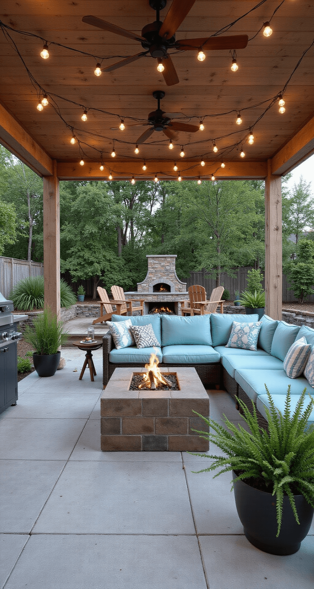 One-Story House Layouts for Bloxburg: Inspiration and Ideas for Your Virtual Home A cozy Bloxburg outdoor living space featuring a covered patio with an aqua sectional, string lights overhead, a modern fire pit surrounded by Adirondack chairs, lush greenery, an outdoor kitchen with a pizza oven, and large grey porcelain tile flooring, all bathed in warm evening light.