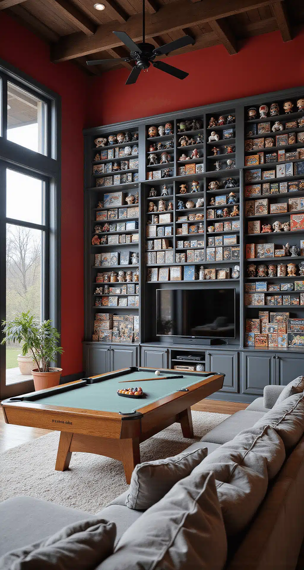 A vibrant multi-purpose gaming room bathed in natural light, featuring a convertible pool table and an array of Funko Pops on an entertainment center, surrounded by floor-to-ceiling shelves of board games, a plush sectional, and an 85" 4K TV, all highlighted by bold red walls and metallic silver furniture.