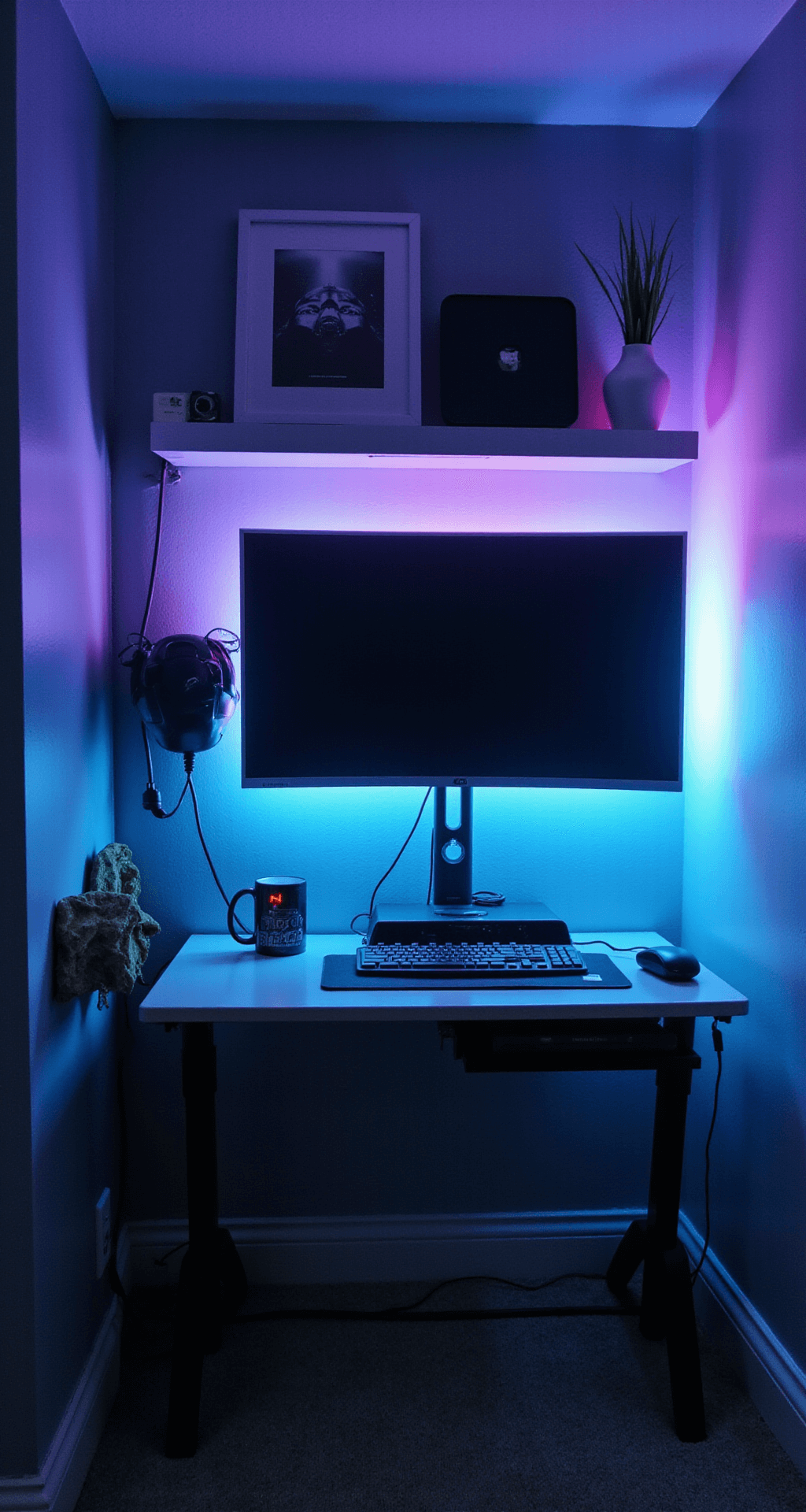 A compact gaming nook designed for efficiency, featuring wall-mounted monitors, floating storage, and an infinity mirror effect created by LED strips. The minimalist setup includes an integrated charging drawer, showcasing clean lines and effective cable management, all in a monochromatic color scheme accentuated by RGB lights.