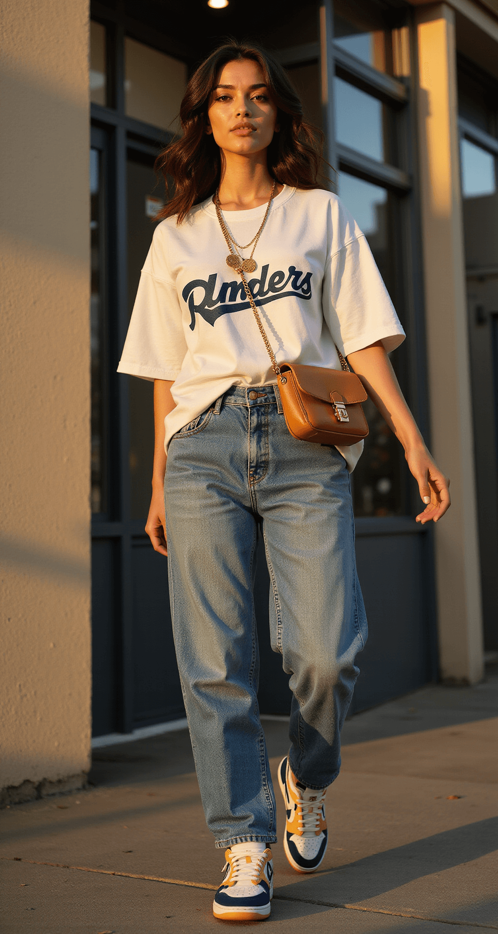 Game Day Glam: Your Ultimate Guide to Basketball Game Outfits (That Actually Work) A female model strides towards an urban basketball arena, bathed in warm golden hour light. She wears high-waisted vintage-wash denim, an oversized white graphic team tee, and cream and navy Nike Dunks. A camel leather mini crossbody bag and delicate gold chain necklace complete her look. The photo captures her in motion, focusing on outfit details with a shallow depth of field.