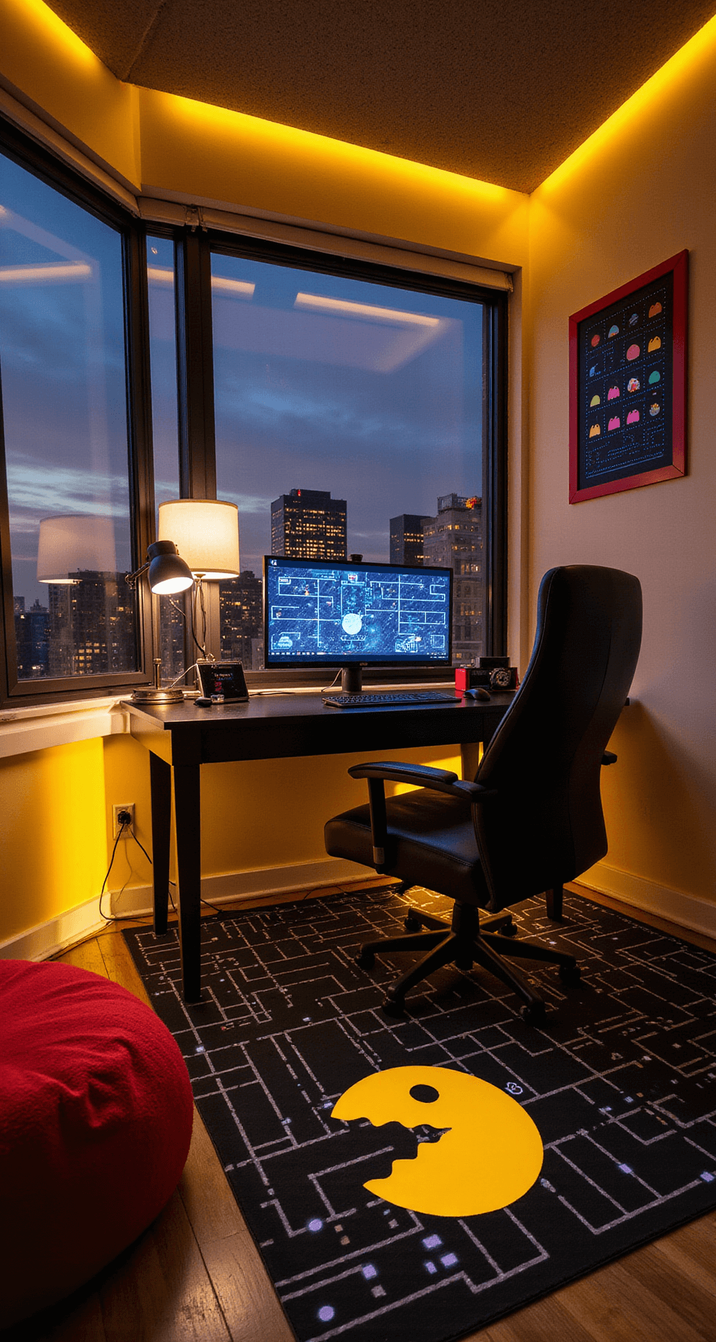 A compact Pac-Man themed gaming room, featuring yellow LED strips, ghost-shaped lamps, and a custom maze vinyl decal on the floor, with oversized pixel art on the walls, a sleek gaming desk, and a cozy beanbag area, all in vibrant colors of yellow, red, blue, and pink, creating a whimsical and nostalgic atmosphere.