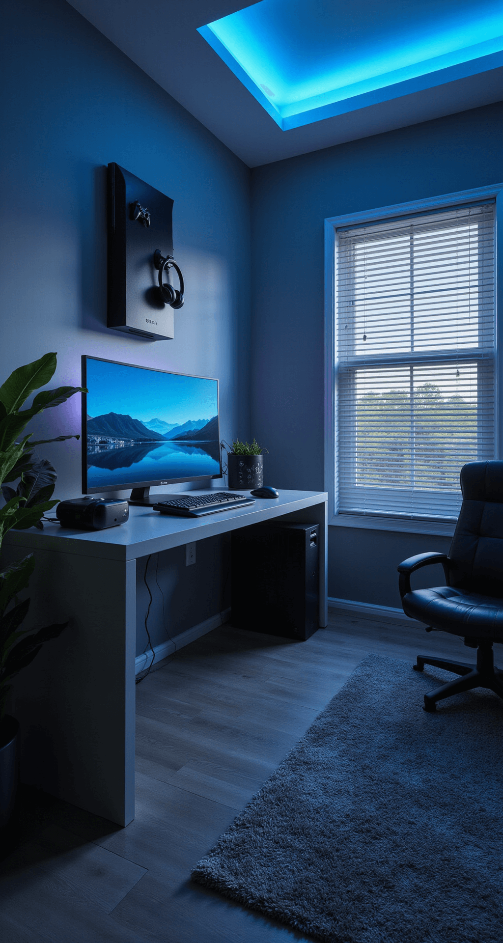 A high-tech gaming sanctuary featuring a curved ultrawide monitor on a minimalist desk, automated blinds allowing dawn light, and a sophisticated surround sound system with ambient lighting, all set in a cool gray room with blue accents and a VR setup in one corner.