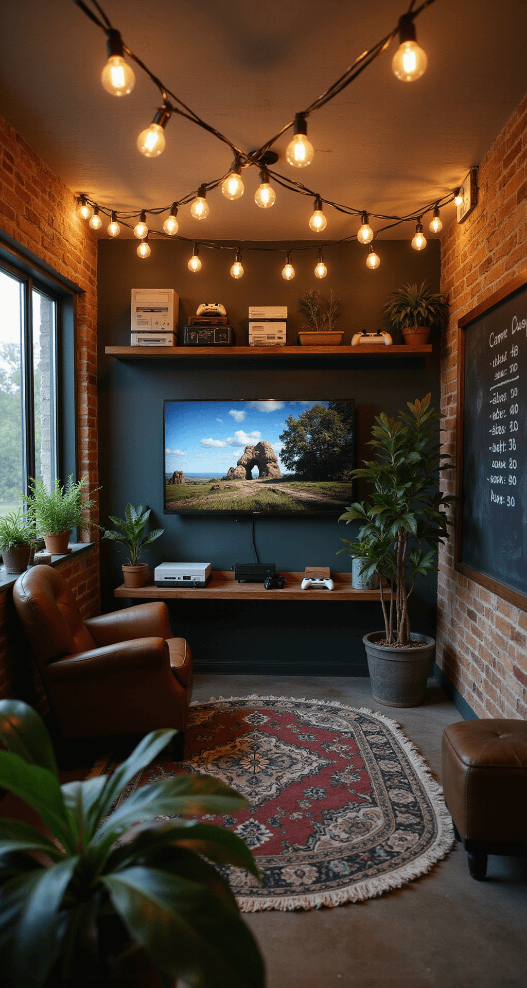 A cozy 15x12ft room blending rustic and gamer elements, featuring warm Edison bulb string lights, reclaimed wood shelves with vintage consoles and plants, a leather armchair facing a wall-mounted TV, and a chalkboard wall for scores and artwork, all in earthy tones of deep greens and rich browns.